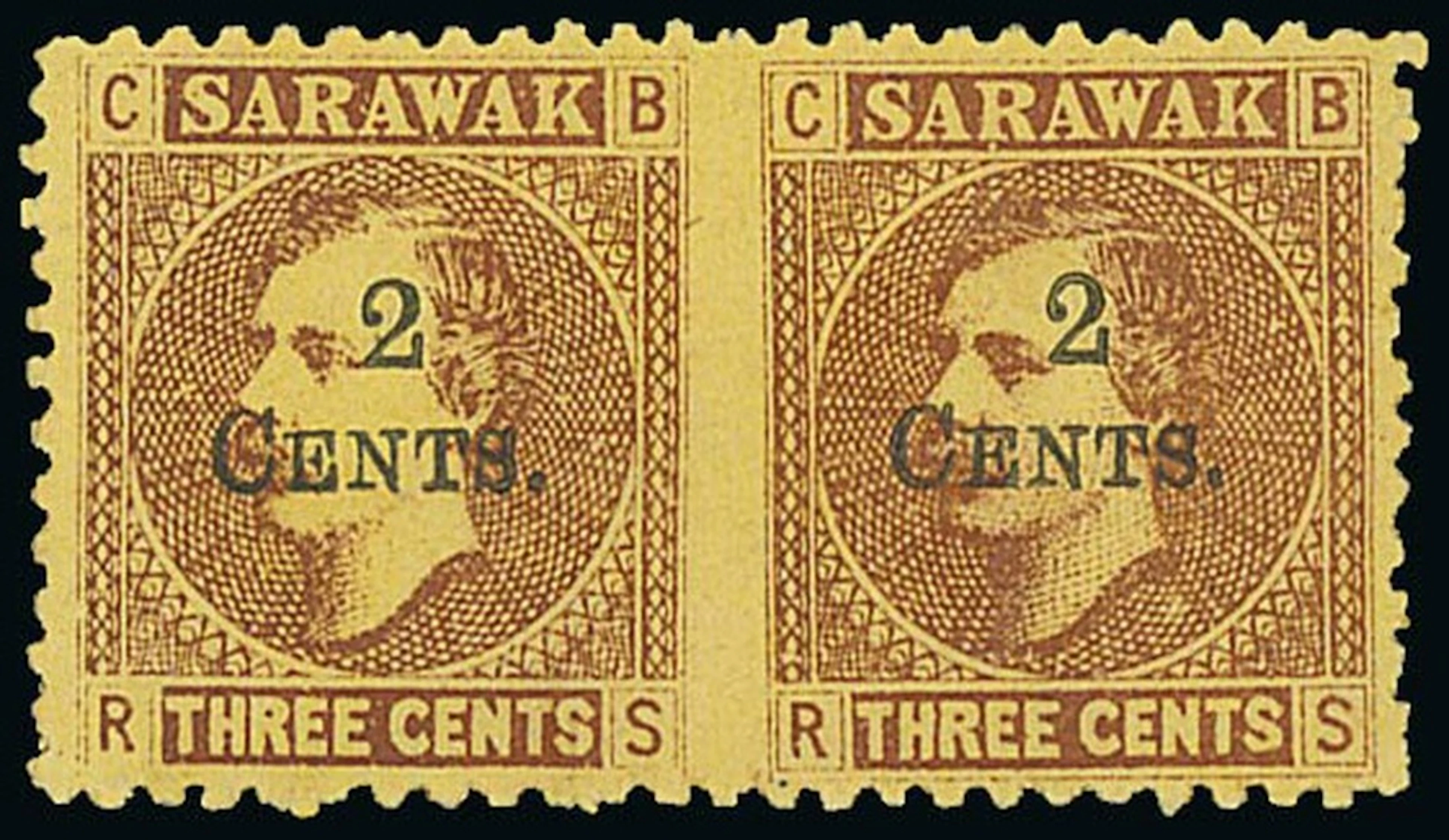 Sarawak 1899 Provisional Surcharges 2c. on 3c. brown on yellow horizontal