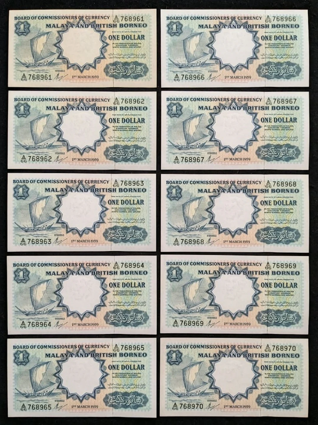 Malaya & British Borneo, consecutive $1 (10), 1.3.1959, serial numbers