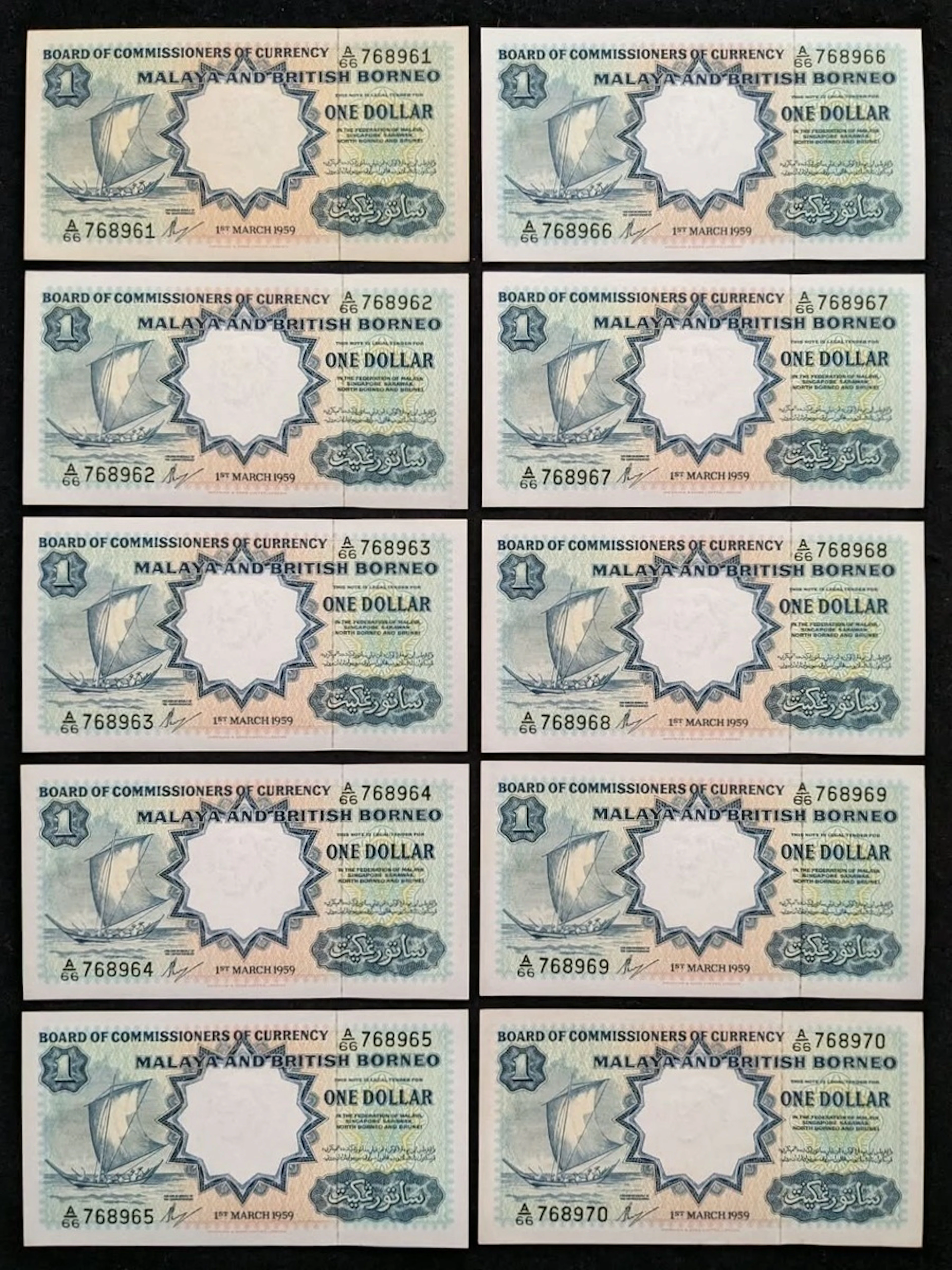 Malaya & British Borneo, consecutive $1 (10), 1.3.1959, serial numbers