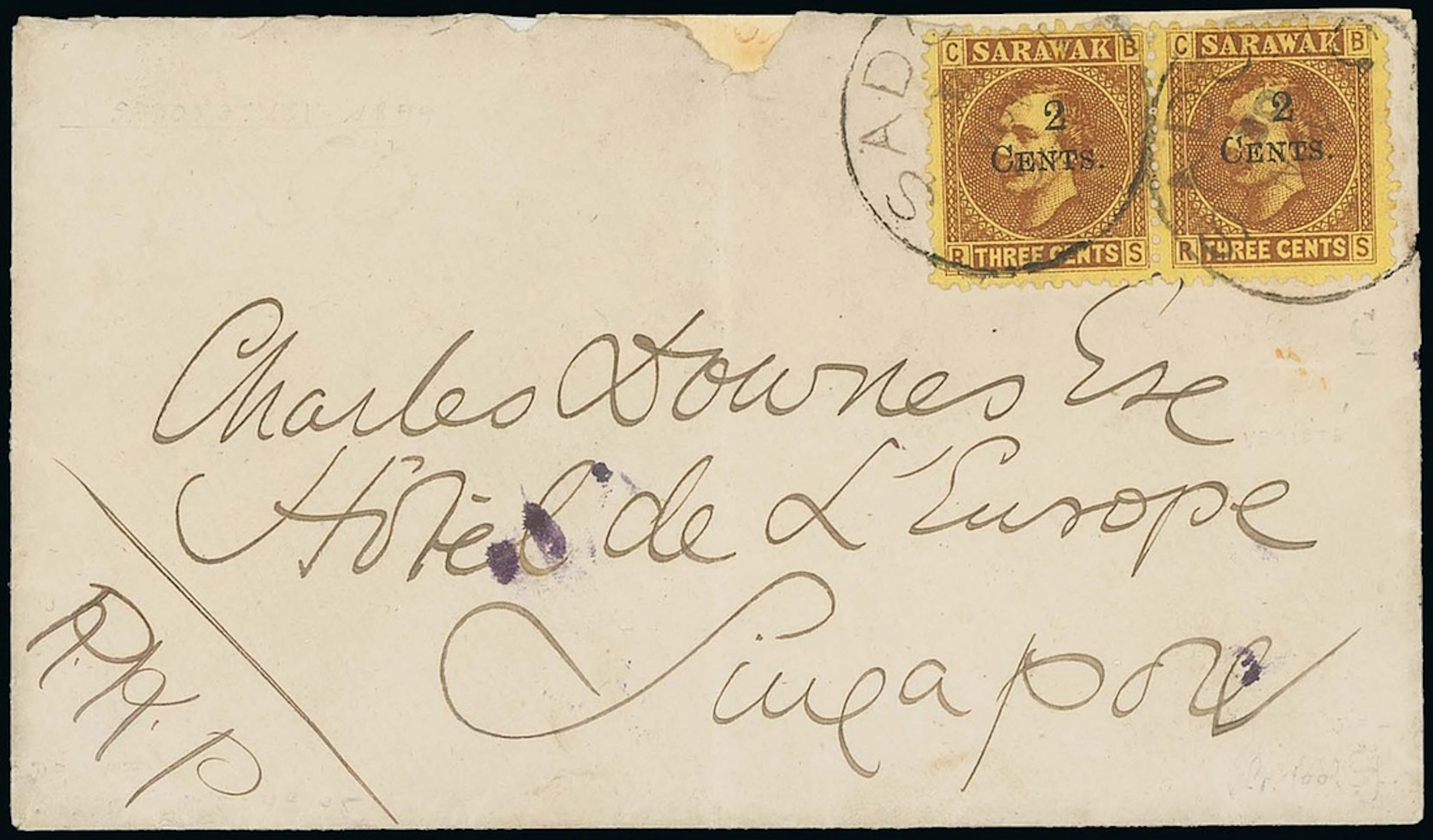 Sarawak 1899 Provisional Surcharges Covers 1899 (30 Nov.) envelope