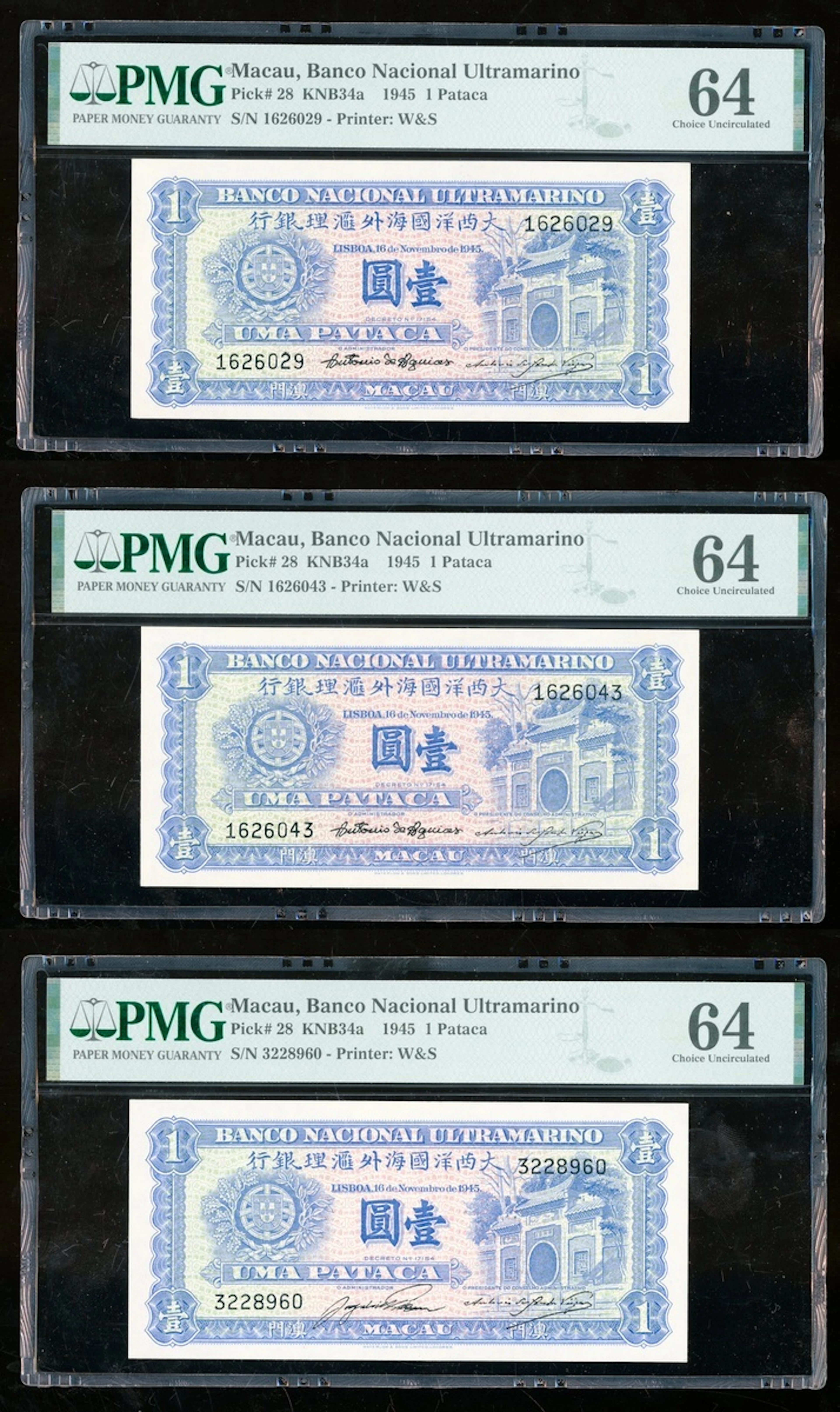 Banco Nacional Ultramarino, Macau, a group of 3x 1 pataca, 1945, serial