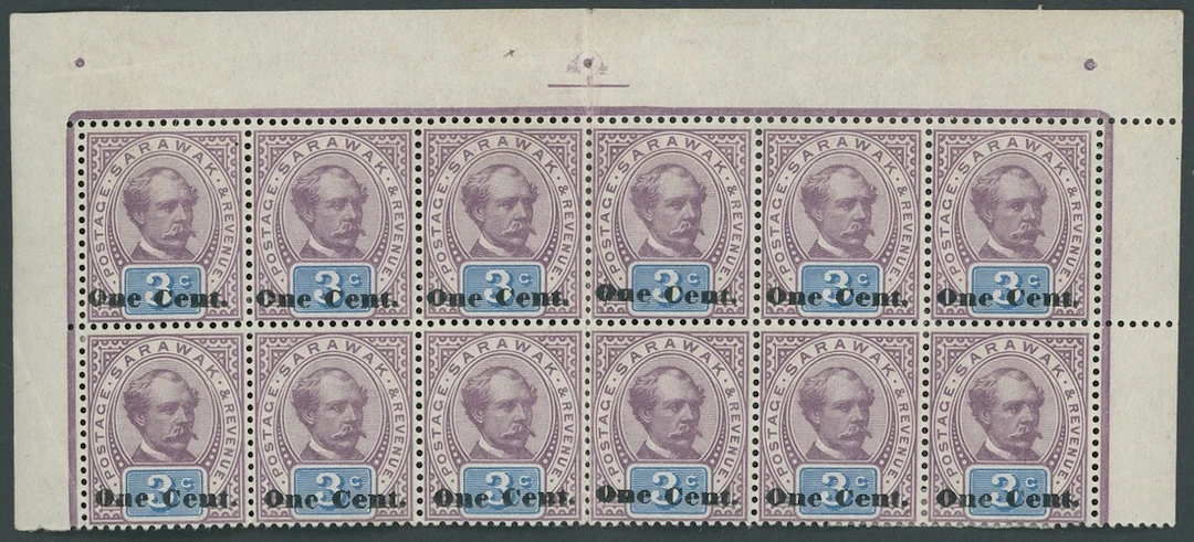 Sarawak 1889-92 Provisionals "One Cent." (Type 5) on 3c. purple and