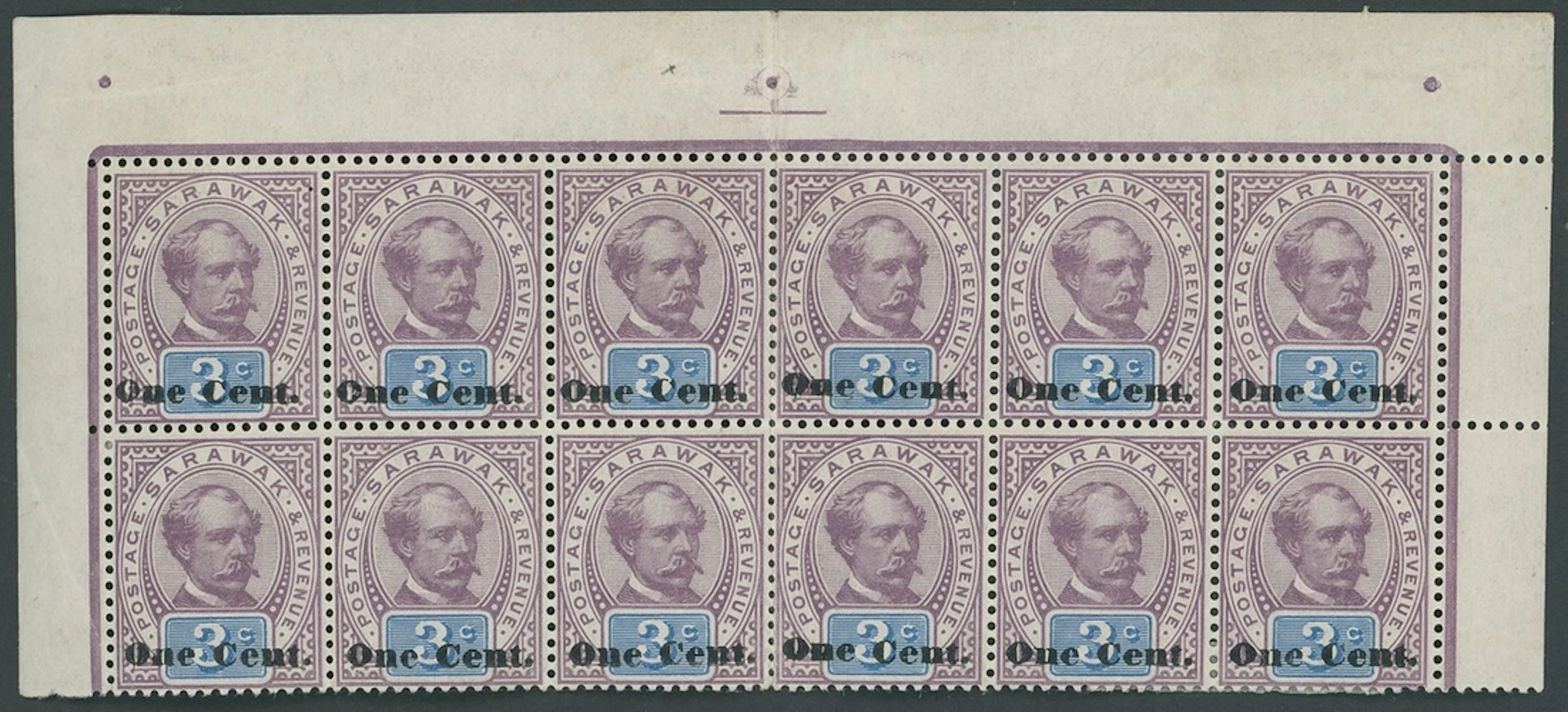 Sarawak 1889-92 Provisionals "One Cent." (Type 5) on 3c. purple and