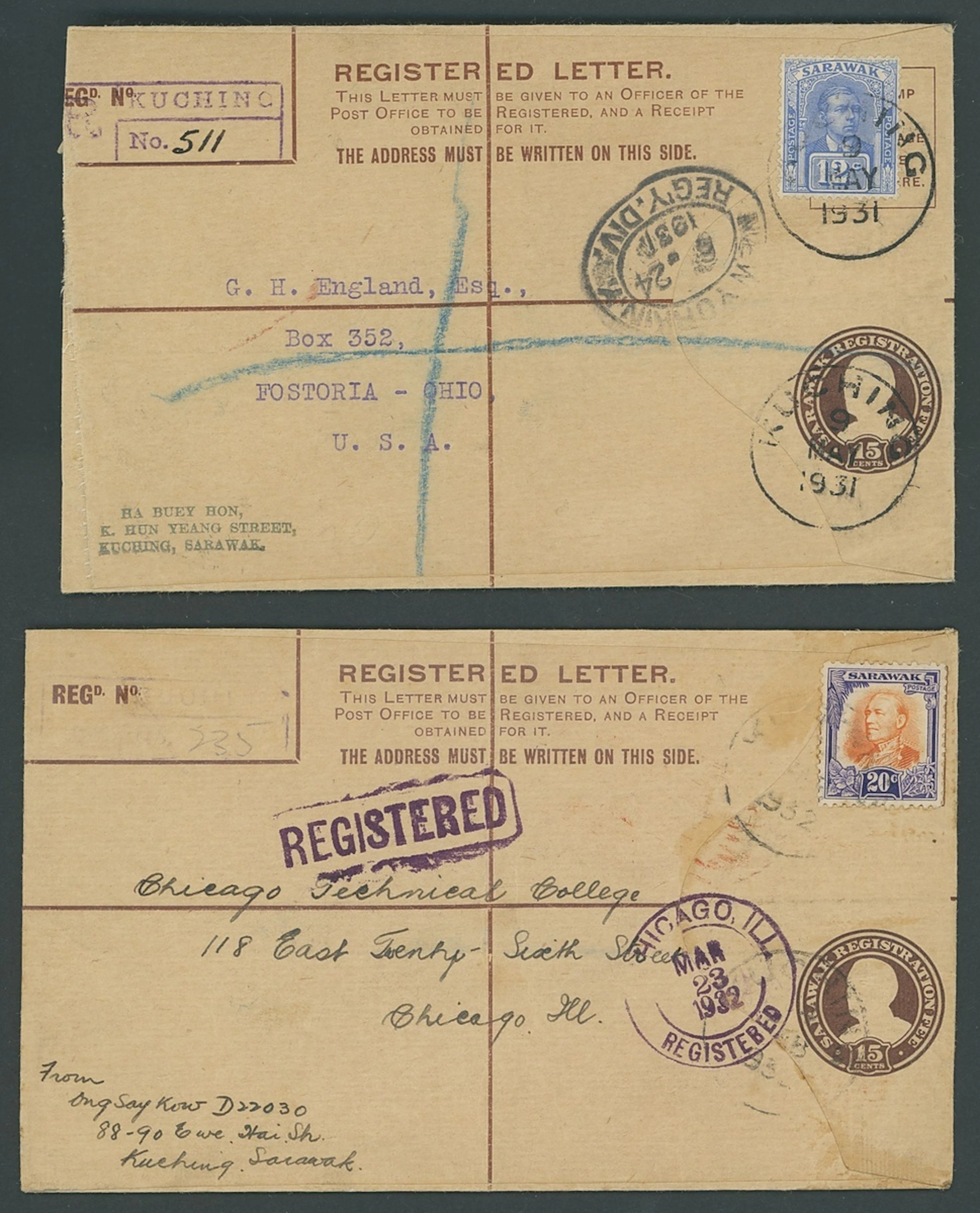 Sarawak Postal Stationery Registered Envelopes 1931 15c. 1931 (9 May)