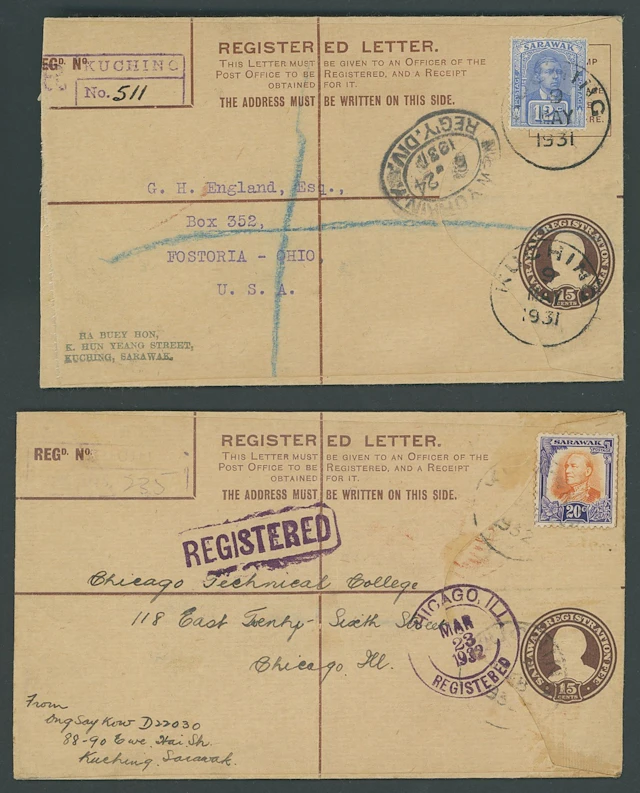 Sarawak Postal Stationery Registered Envelopes 1931 15c. 1931 (9 May)