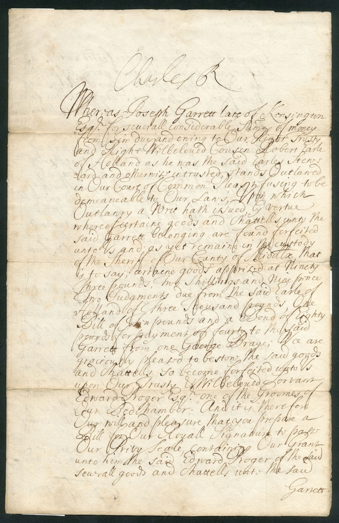 England Royalty King Charles II 1670 A warrant for the transfer of