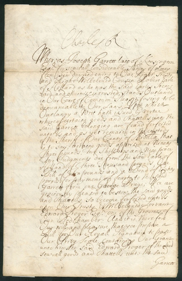 England Royalty King Charles II 1670 A warrant for the transfer of