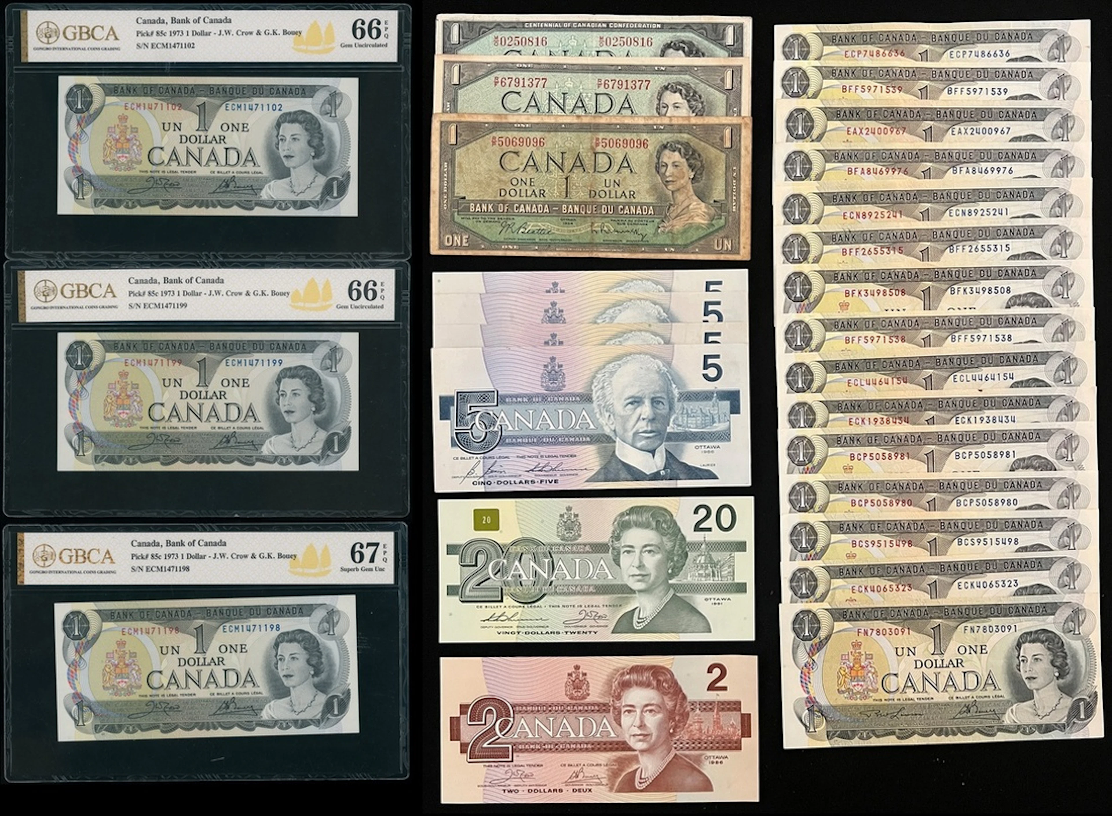 Bank of Canada, a group of 28x, including, $1 (3) 1954-67, $1 (19)