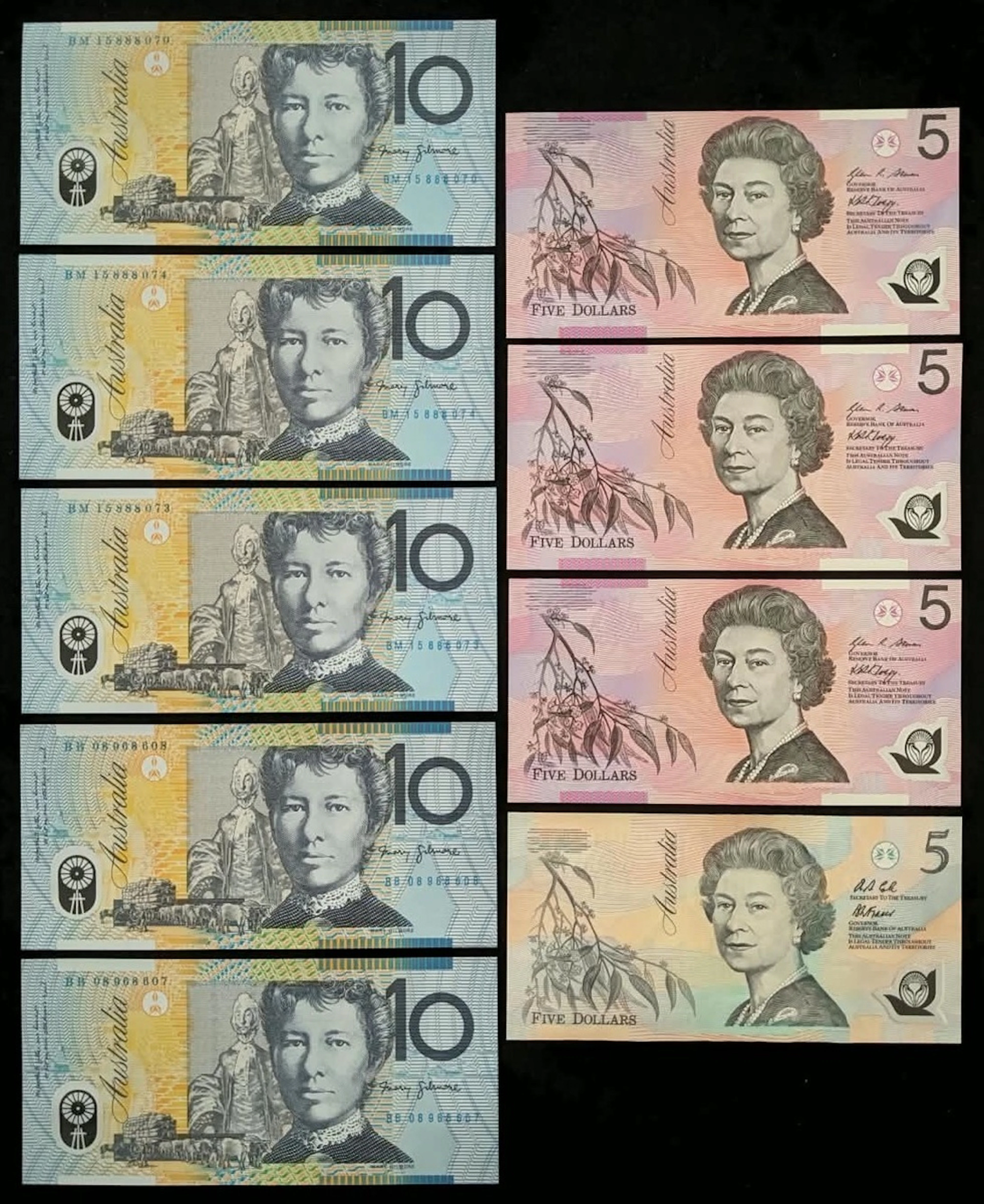 Reserve Bank of Australia, a group of 10x, including $5 (4) ND (1992)