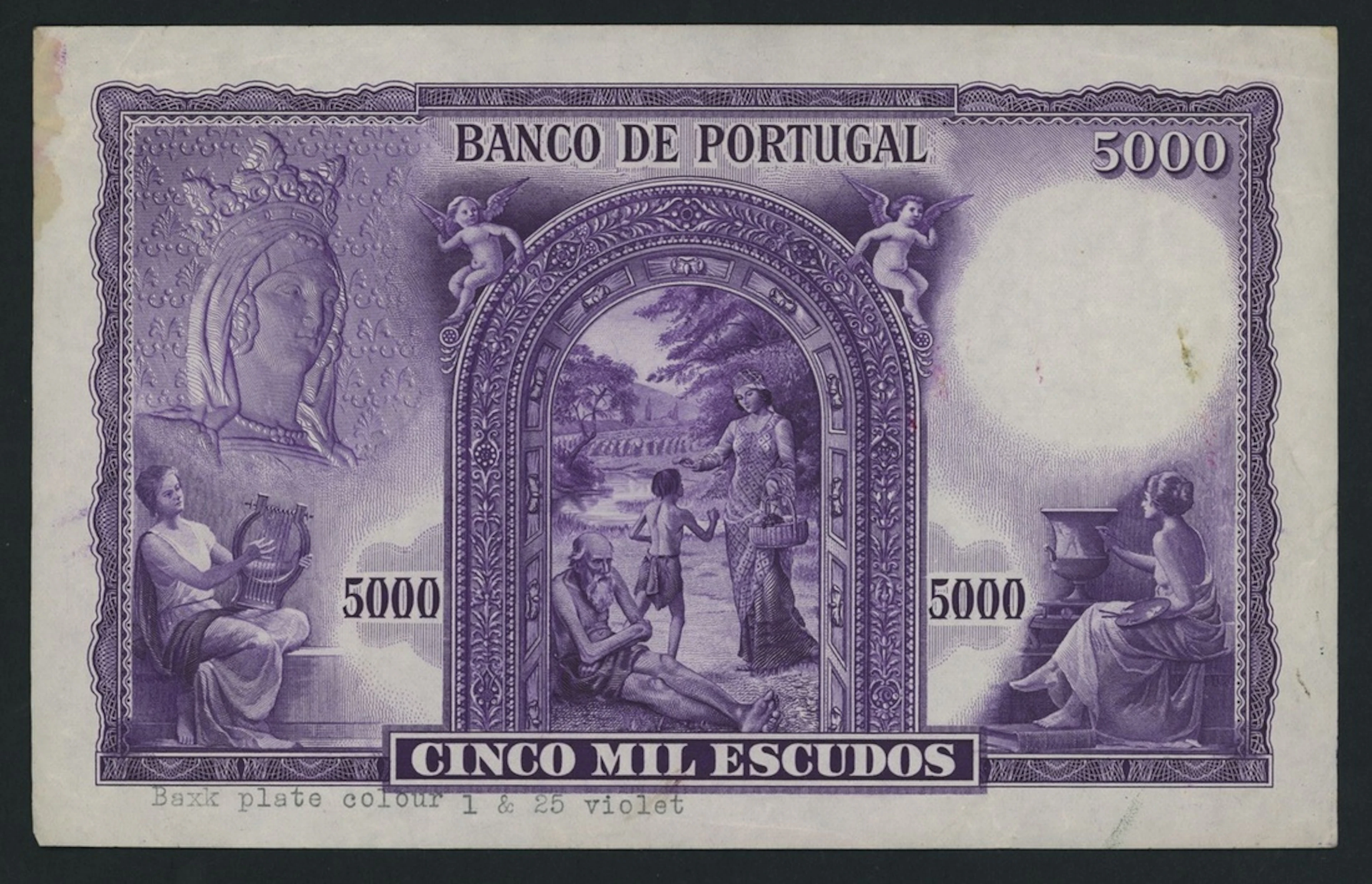 Banco de Portugal, back proof for 5000 Escudos, ND (1942), (Pick 157 for type)