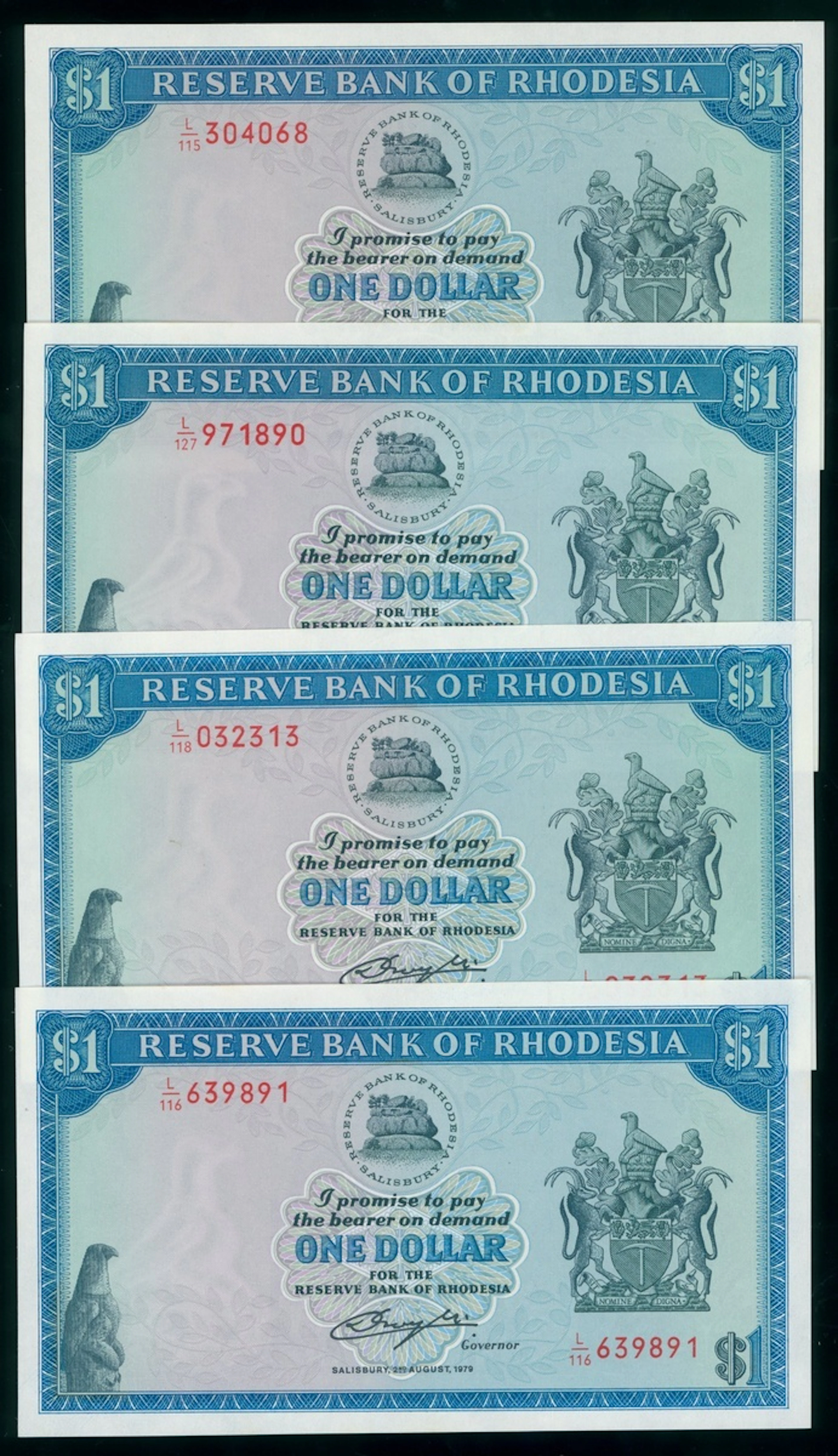 Reserve Bank of Rhodesia, a group of 8x, including $1 (4) 1979, $10