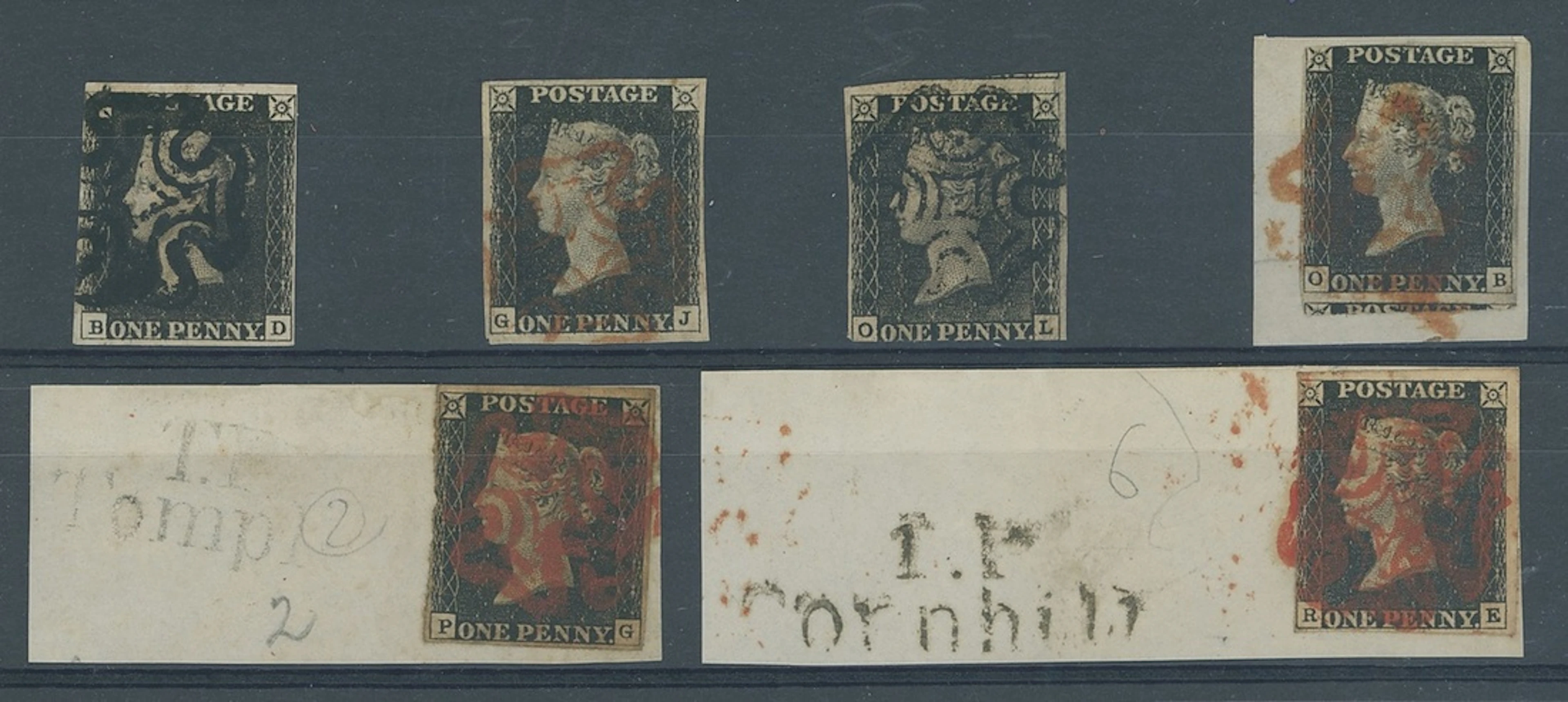 Great Britain 1840 One Penny Black Unplated Six examples, three are