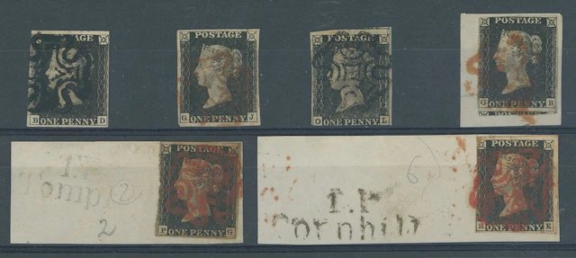 Great Britain 1840 One Penny Black Unplated Six examples, three are