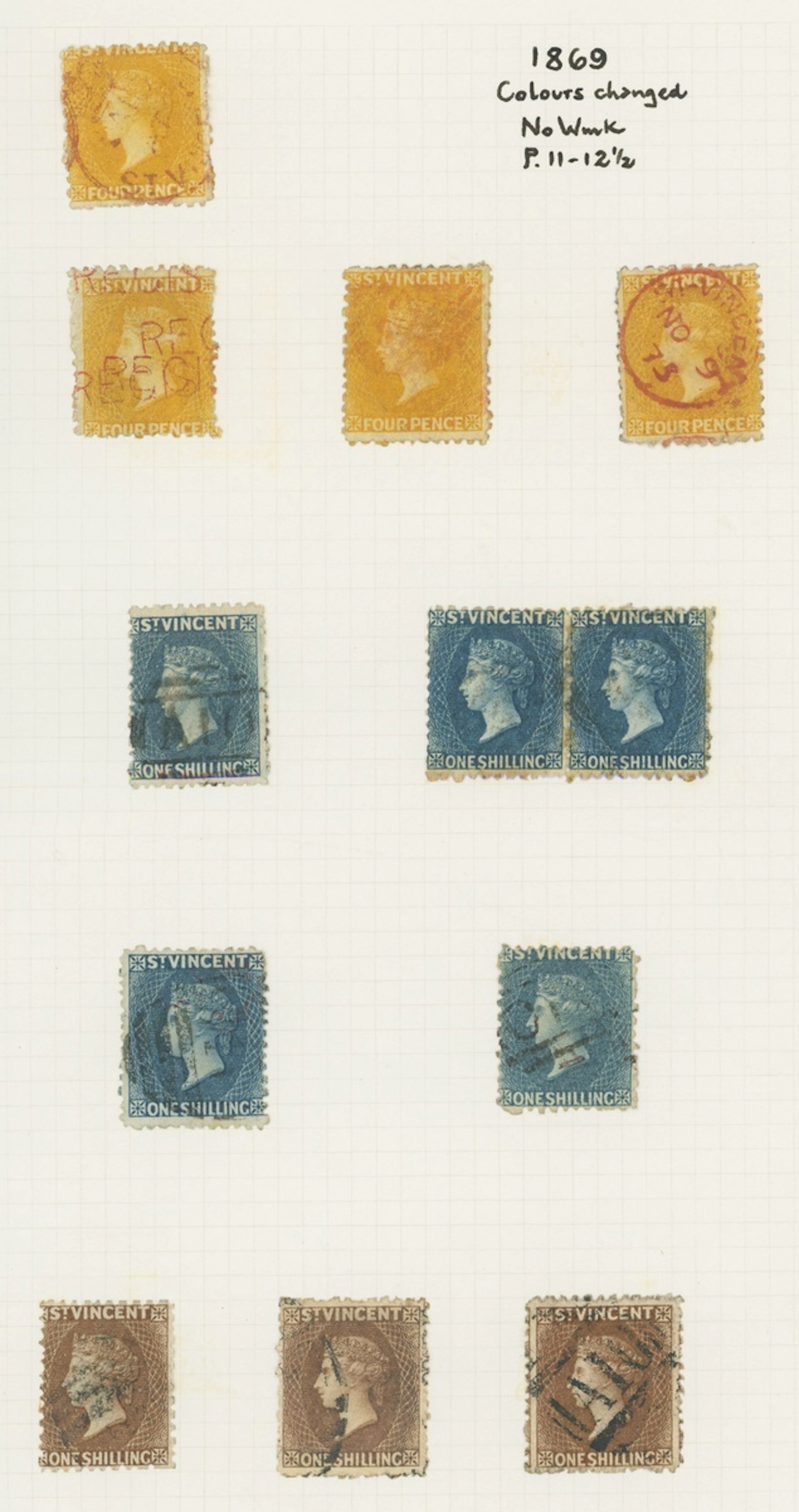 St. Vincent 1869 colours changed, perf 11 to 12½, 4d. yellow (4)