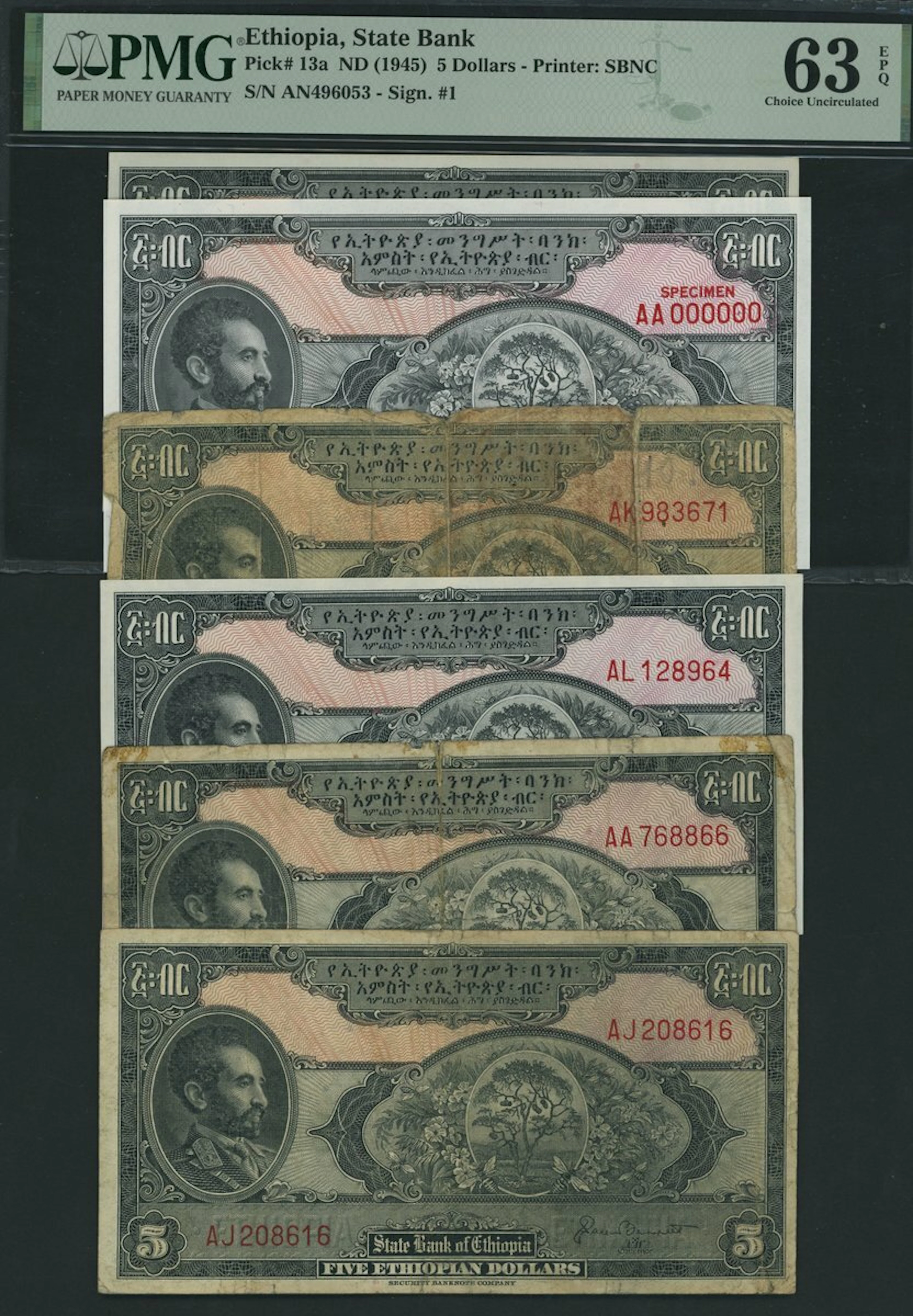 State Bank of Ethiopia, [6 notes] 5 Dollars including one specimen