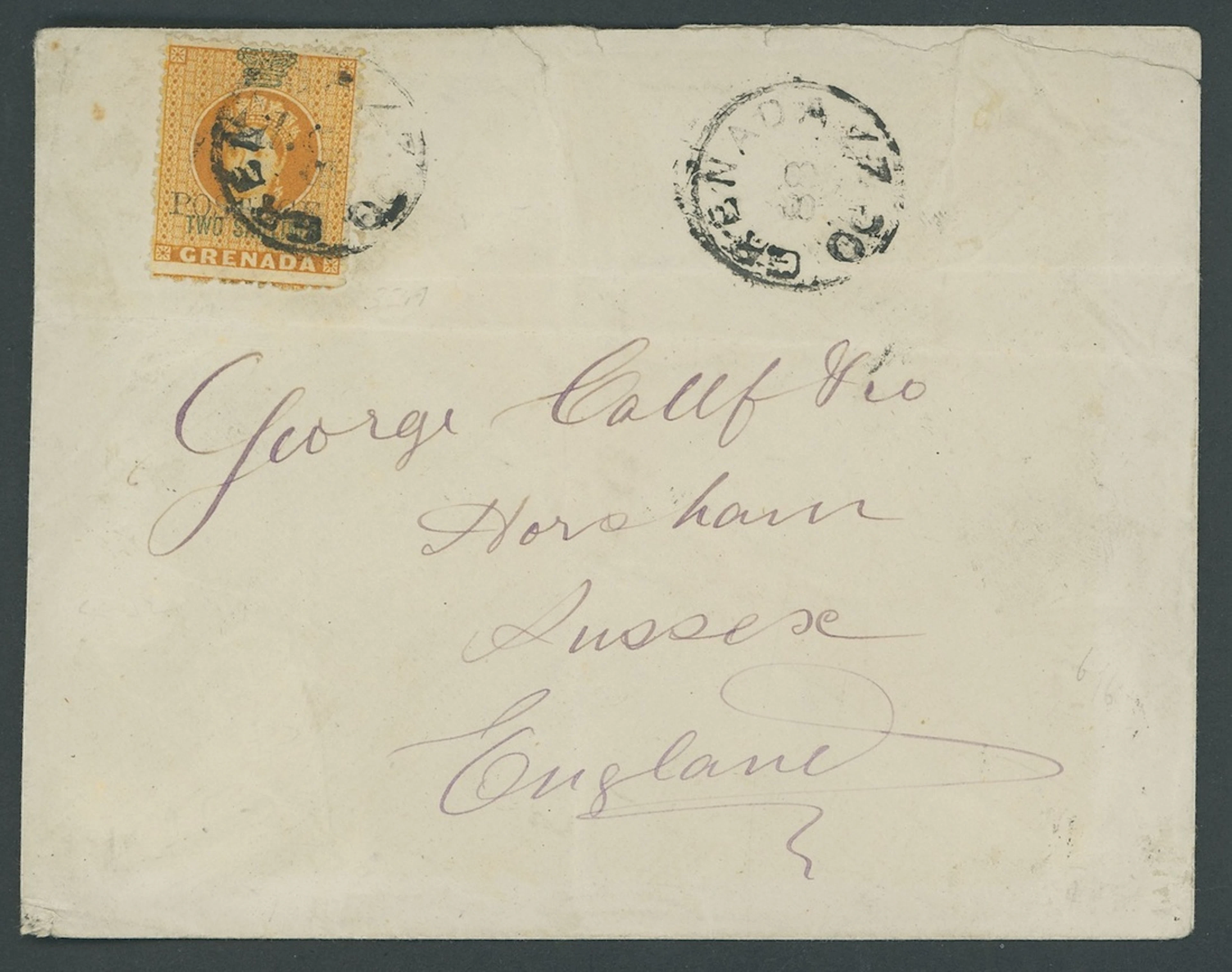 Grenada Issued Stamps 1888 (Mar.) 5mm. spacing, 4d. on 2/- on 1888