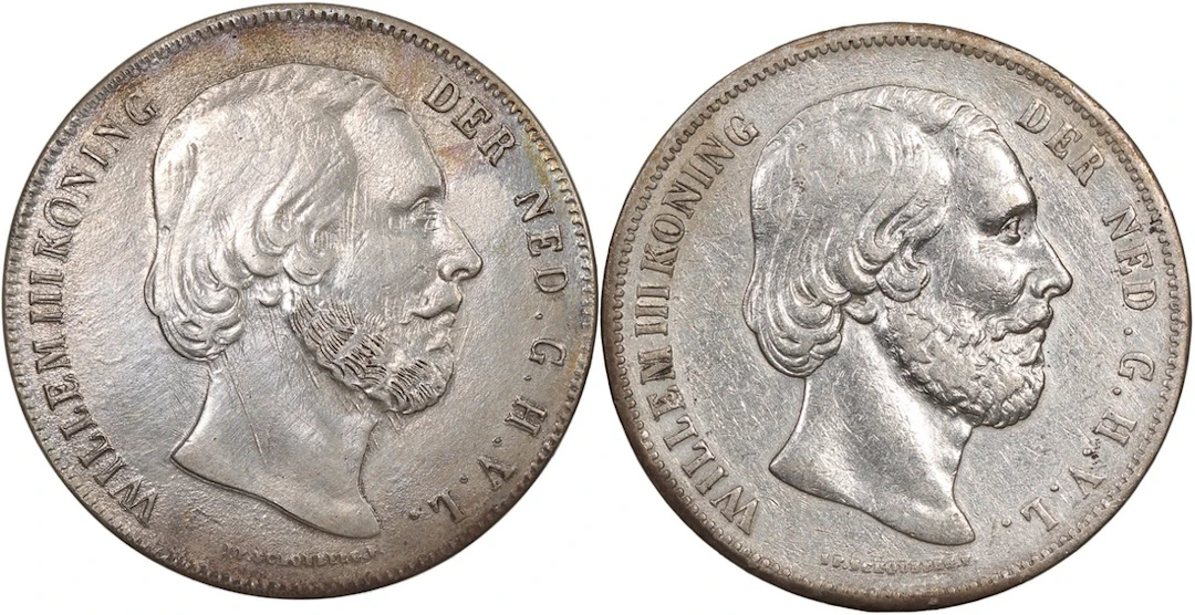 Netherlands, Willem III silver 2 1/2 gulden (2), 1851, 1855 (KM-165)