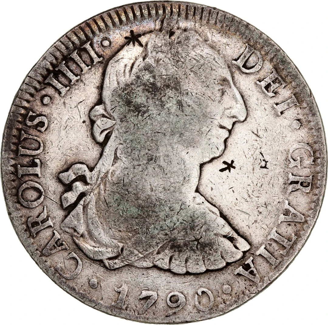 Mexico, silver 8 reales, 1790M FM, Roman numerals 'IIII' type