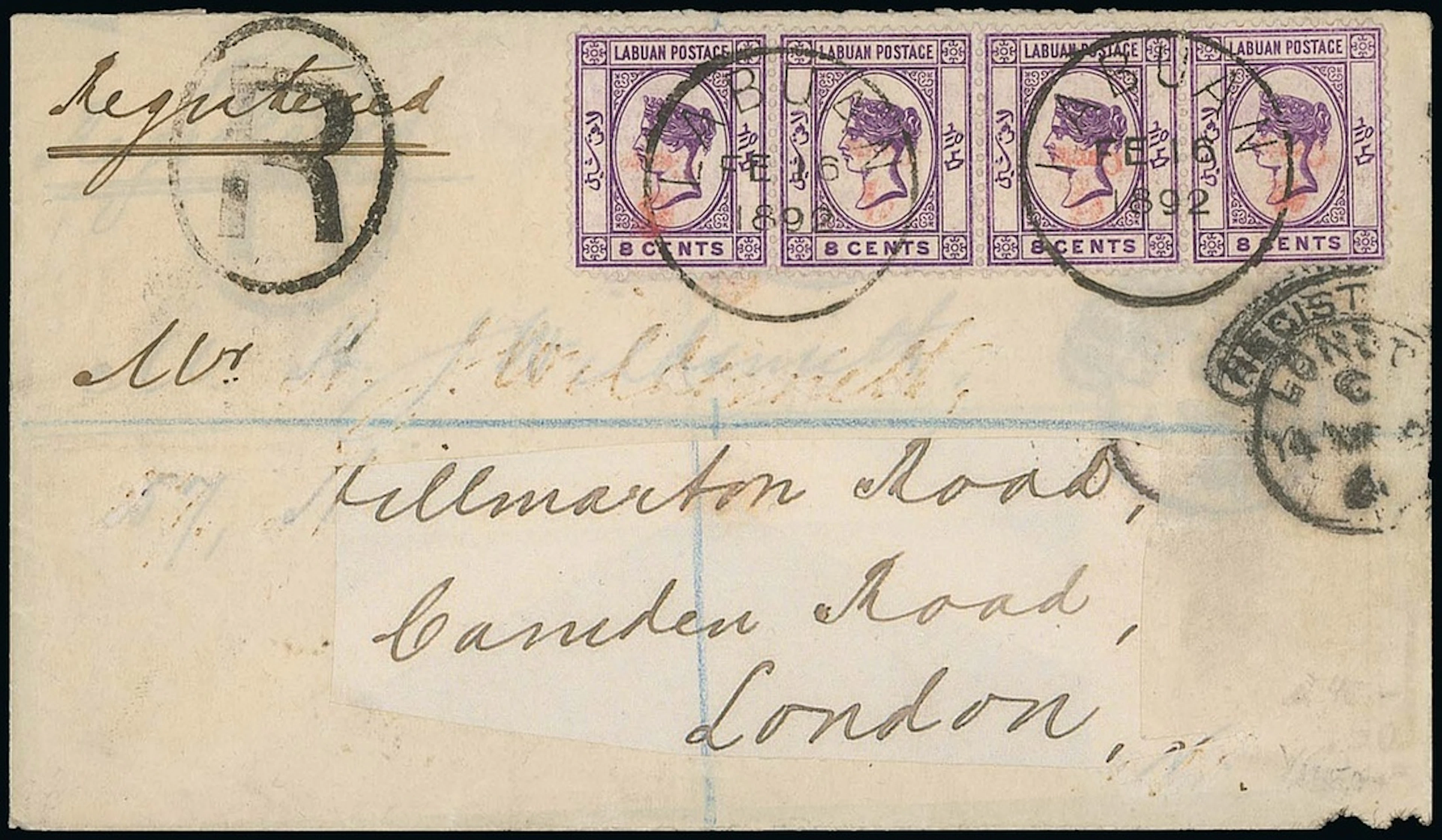 Labuan 1891-92 Surcharges Covers 1892 (16 Feb.) envelope registered
