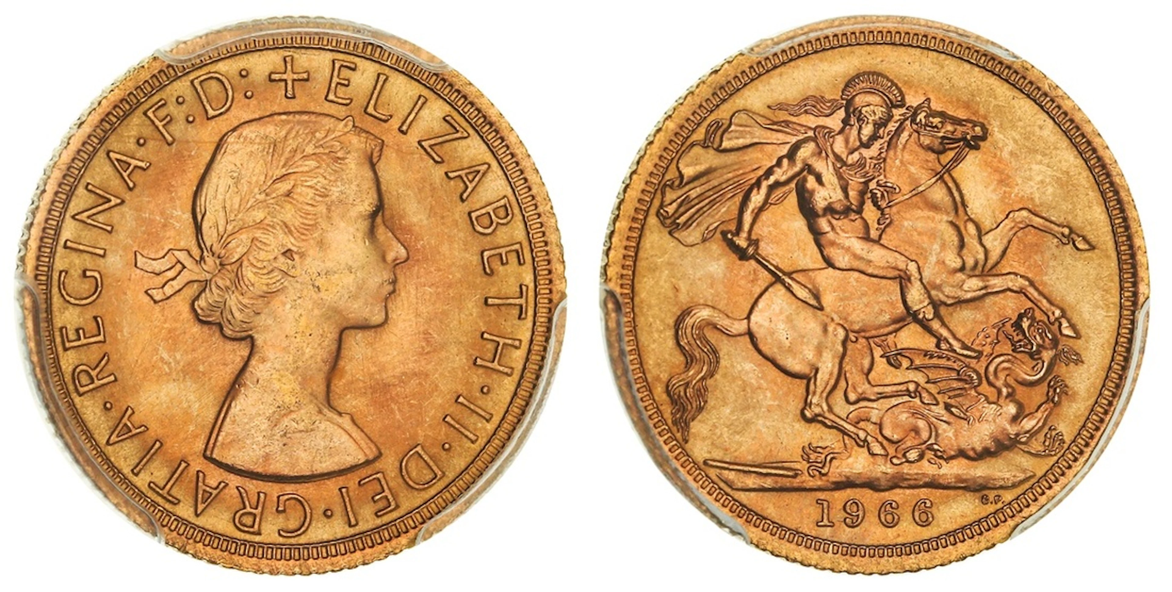 PCGS MS65 | Elizabeth II (1952-2022), Sovereign, 1966, by Mary Gillick