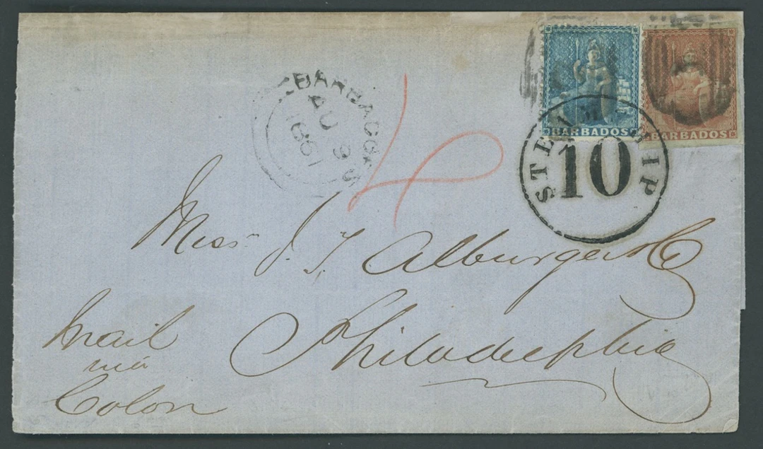 Barbados Britannia Issues Covers 1861 (9 Aug.) entire (one side flap