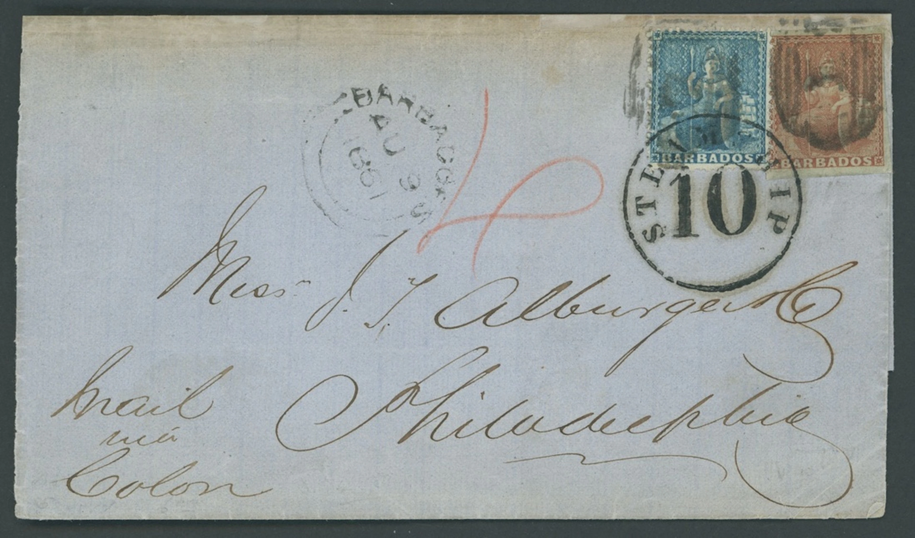 Barbados Britannia Issues Covers 1861 (9 Aug.) entire (one side flap