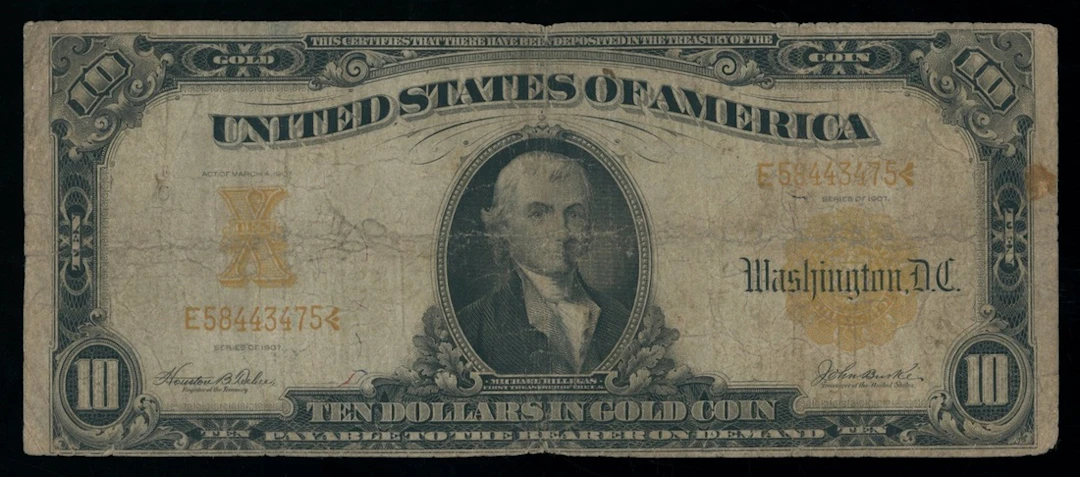 United States, Gold Certificate, $10, 1907, serial number E58443475