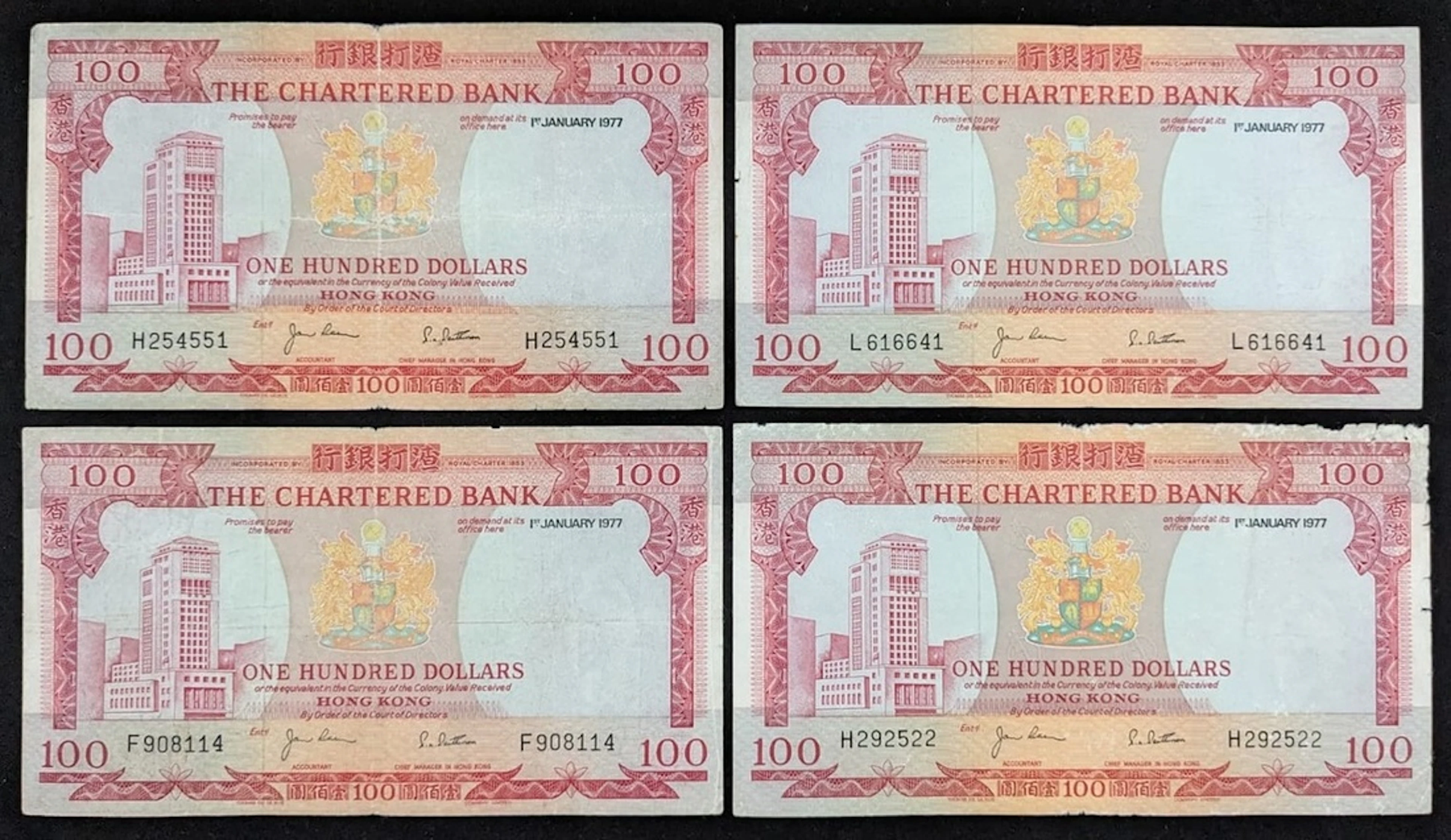 Chartered Bank, Hong Kong, $100 (4), 1977, prefixes F, H (2), L, (Pick 76)
