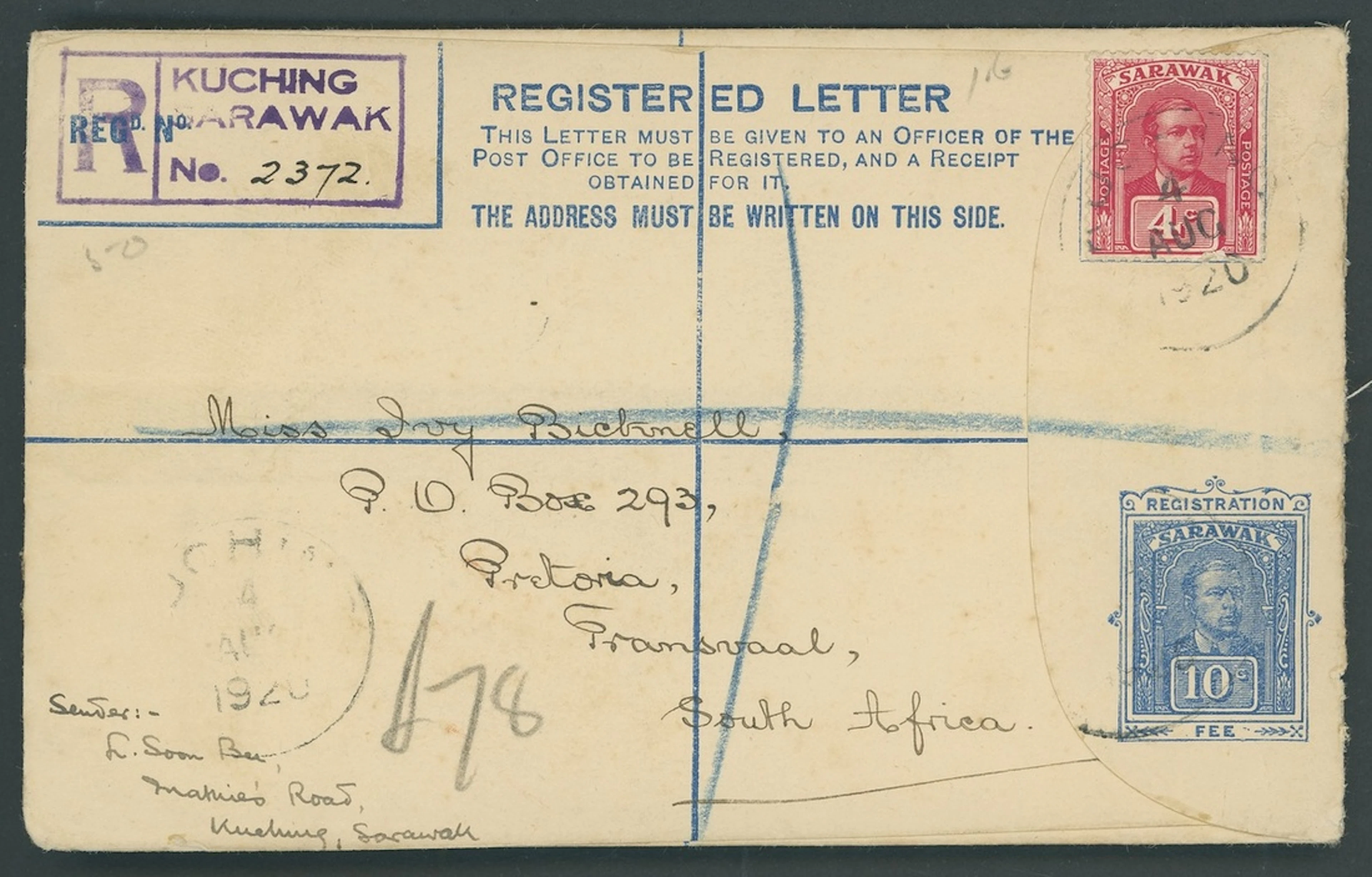 Sarawak Postal Stationery Registered Envelopes 1920 10c. 1920 (4 Aug.)