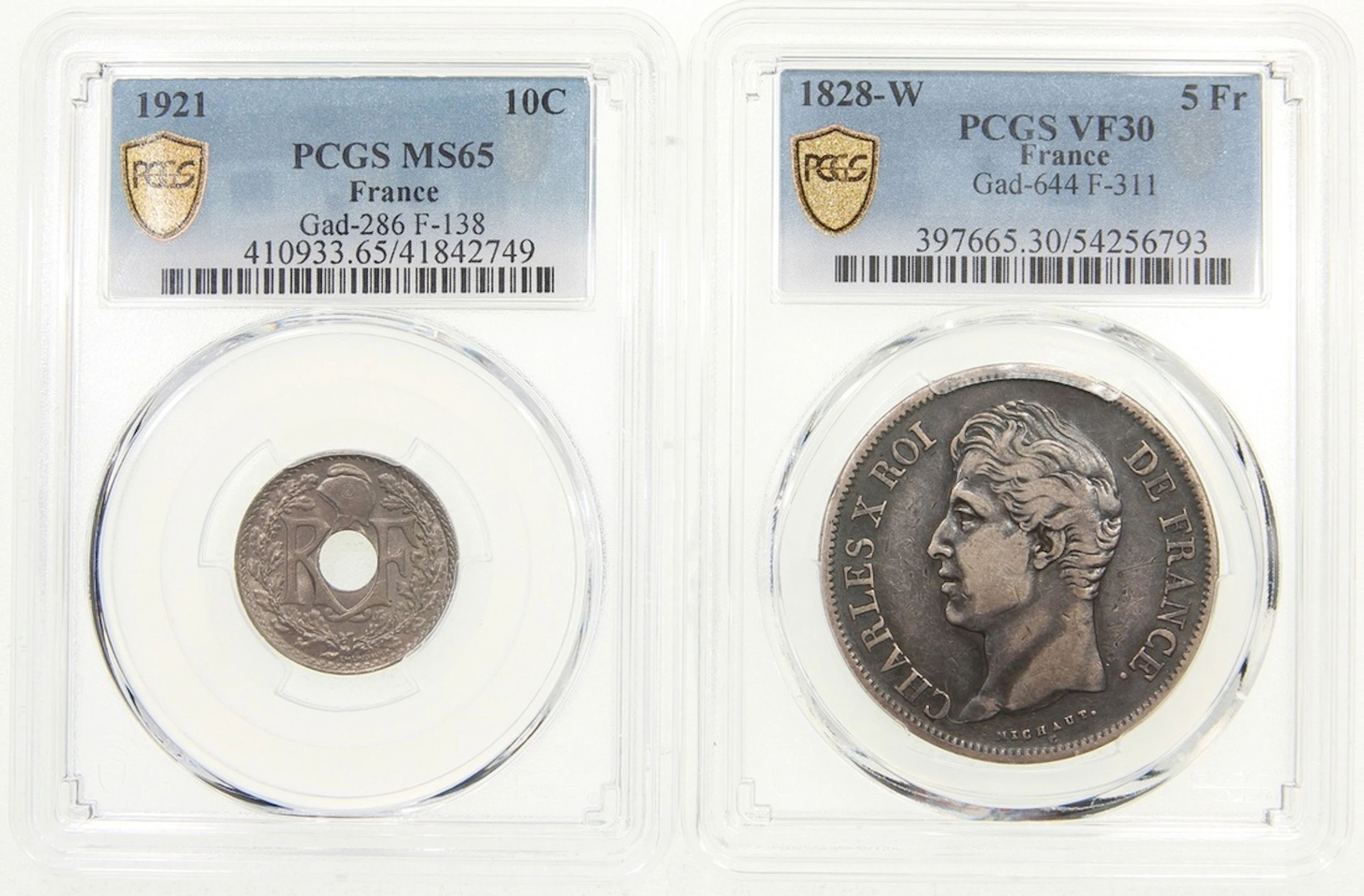 France, [PCGS VF30, MS65] a pair, including silver 5 francs, 1828-W