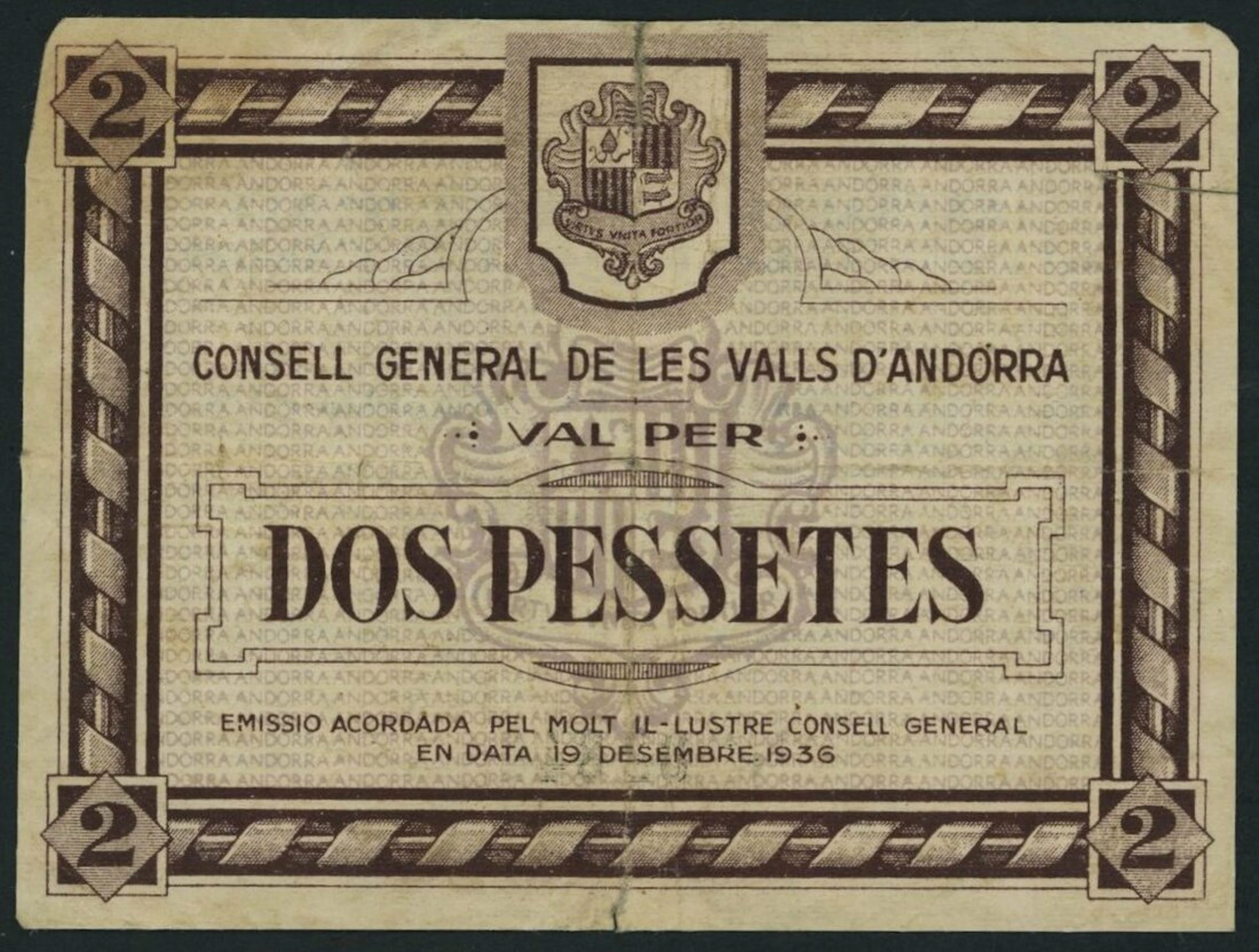 Consell General de les Valls, Andorra, 2 Pessetes, 19th December 1936