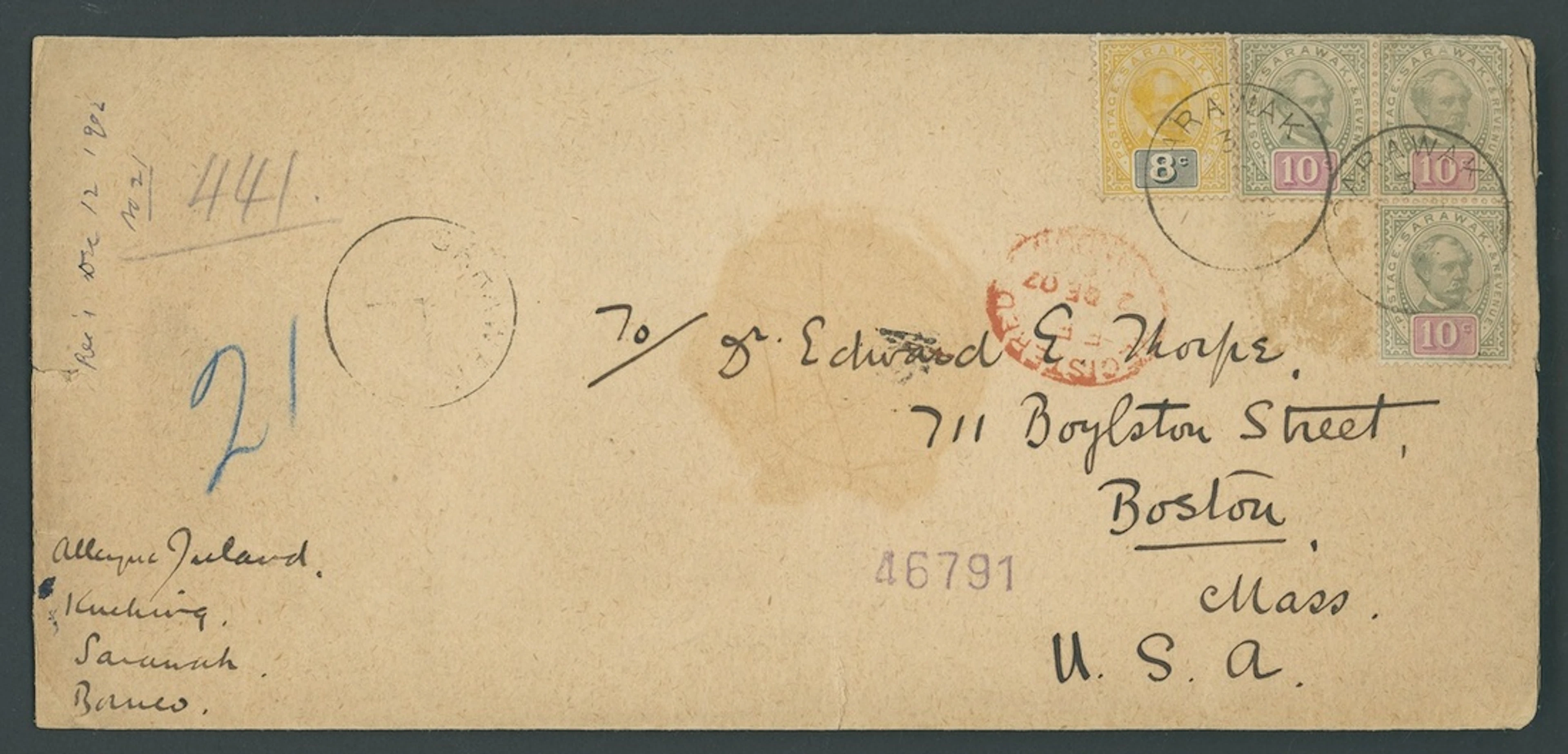 Sarawak 1888-97 "postage & revenue" Issue Covers 1902 (3 Nov.) triple