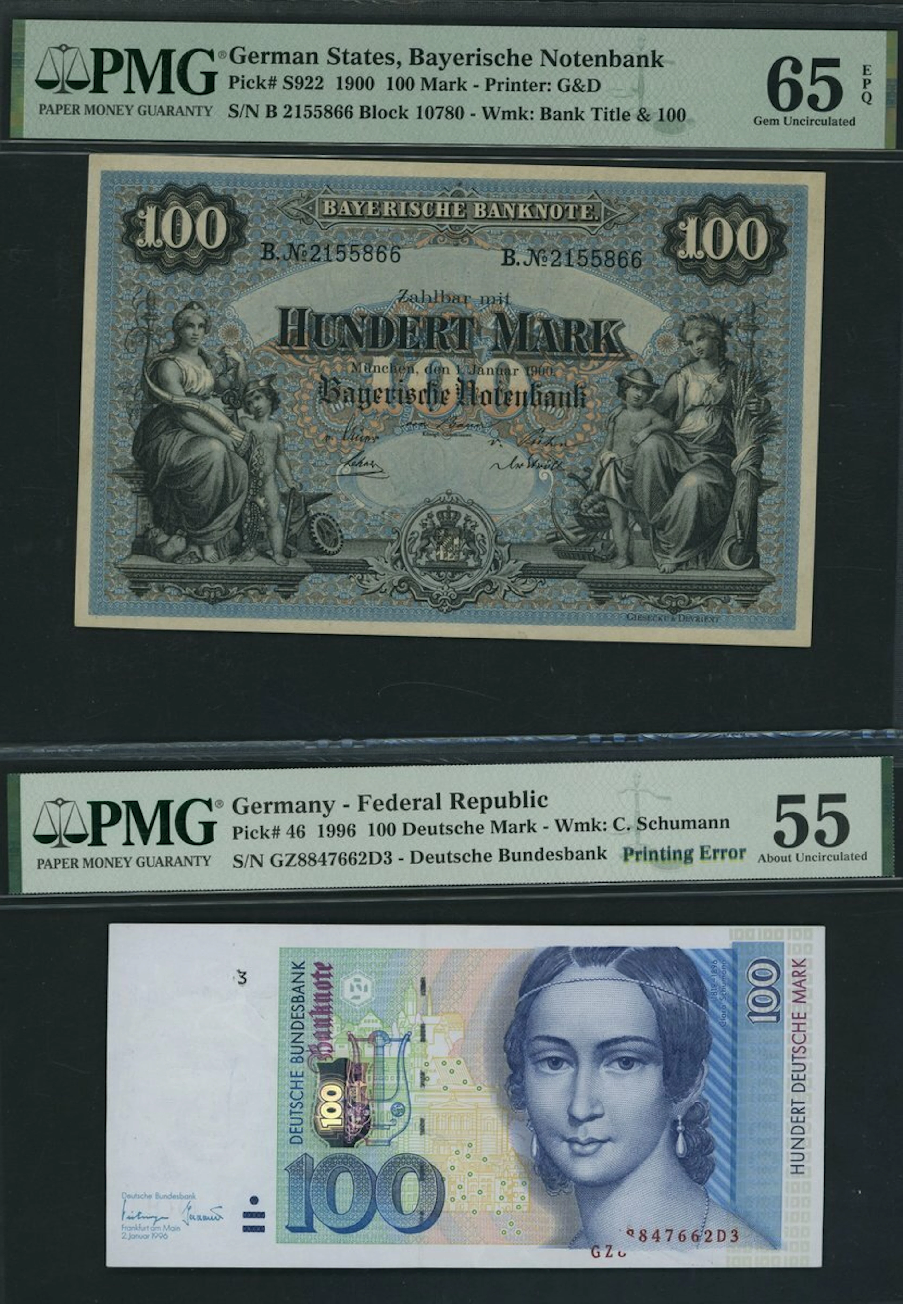 Germany, [2 notes] 100 Mark & 100 Deutsche Mark, 1900-1996, serial