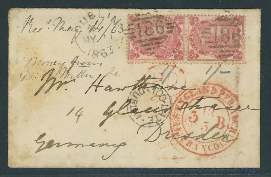 Great Britain 1862-64 3d. CJ-DJ vertical pair tied by '186' barred