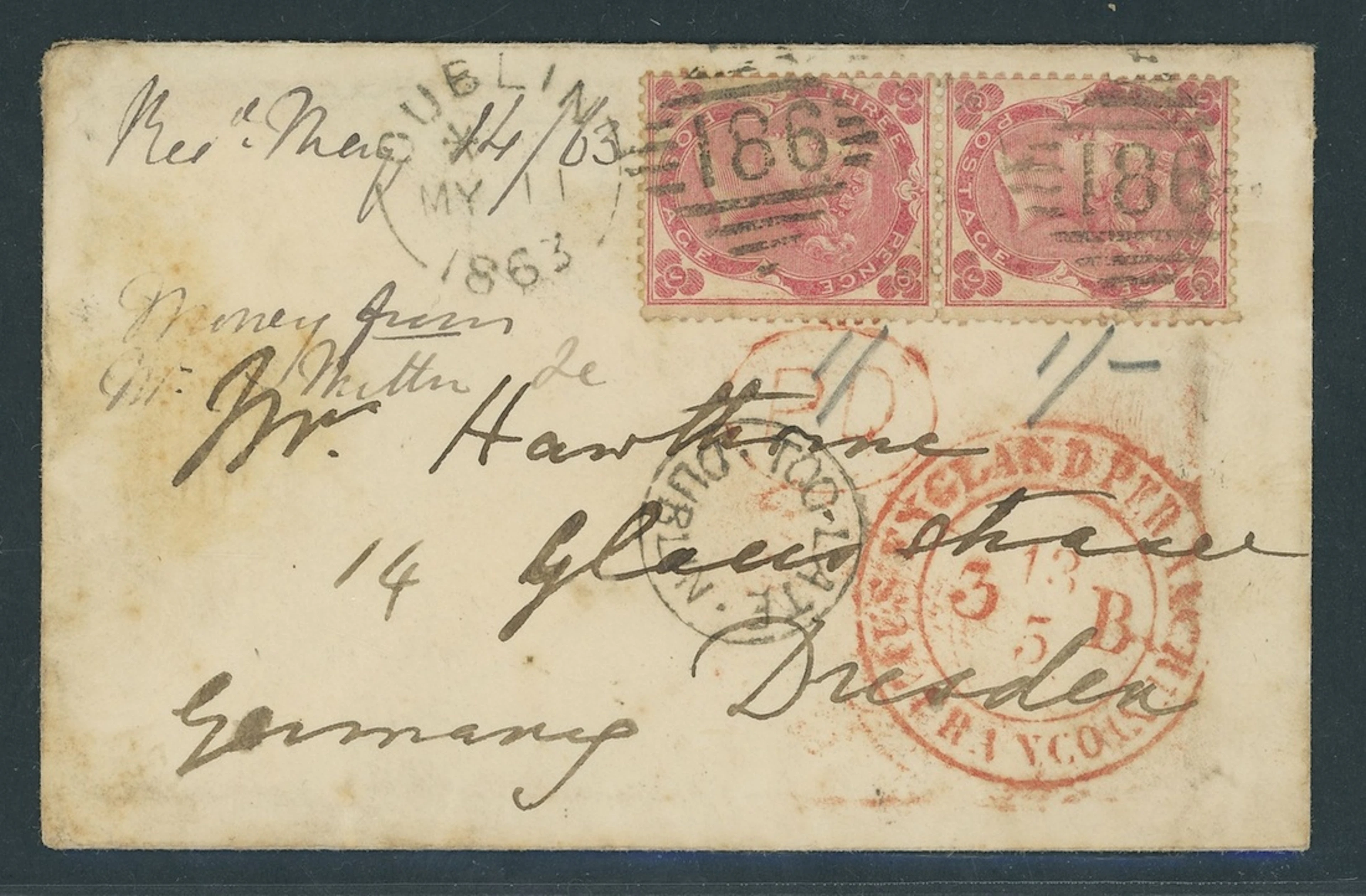 Great Britain 1862-64 3d. CJ-DJ vertical pair tied by '186' barred