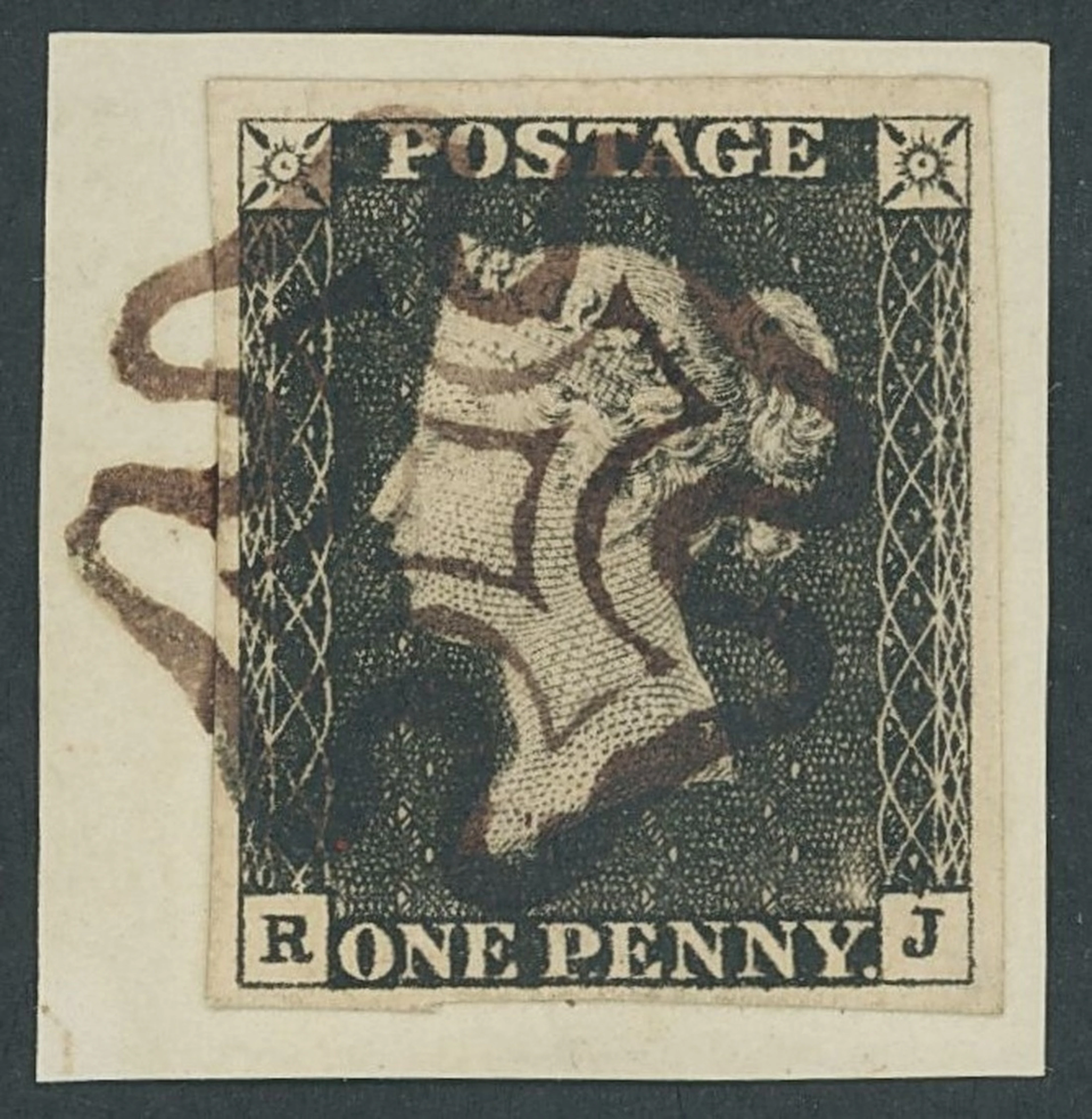 Great Britain 1840 One Penny Black Plate 1a RJ, grey-black shade showing