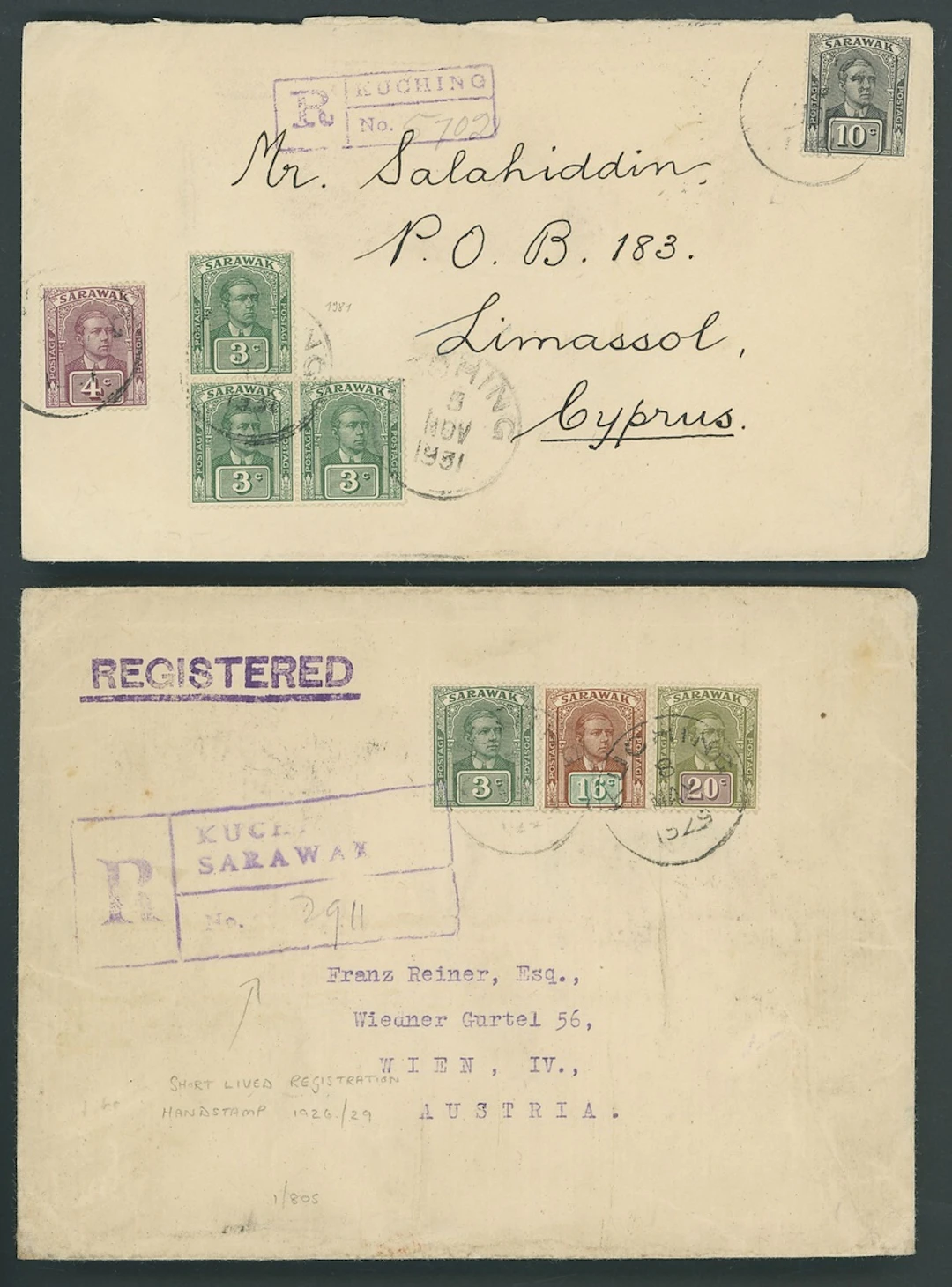 Sarawak 1928-29 Sir Chrles Vyner Brooke Covers 1929-31 envelopes (5