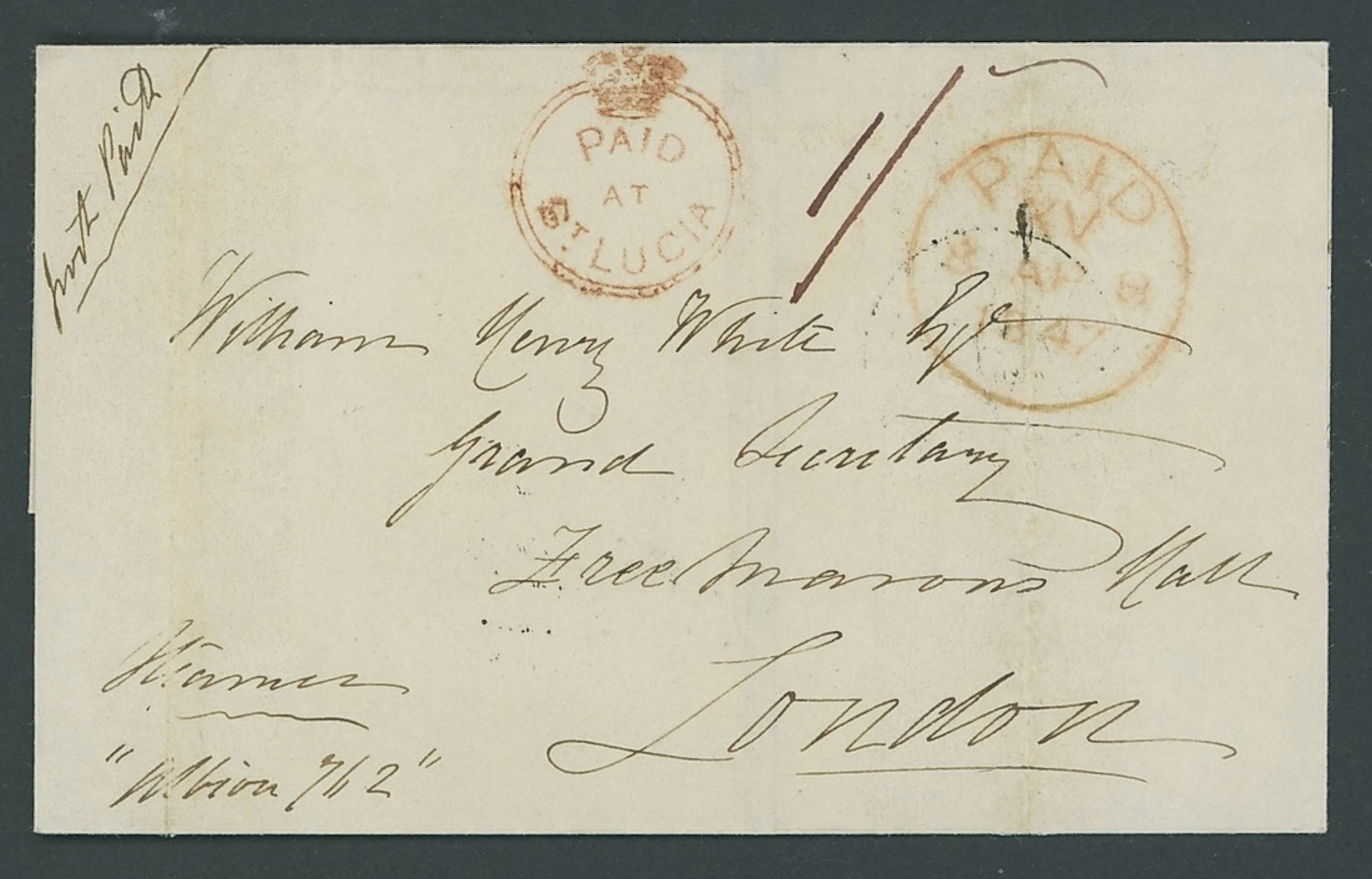 St. Lucia Early Letters and Handstamps "paid/at/st lucia" Crowned