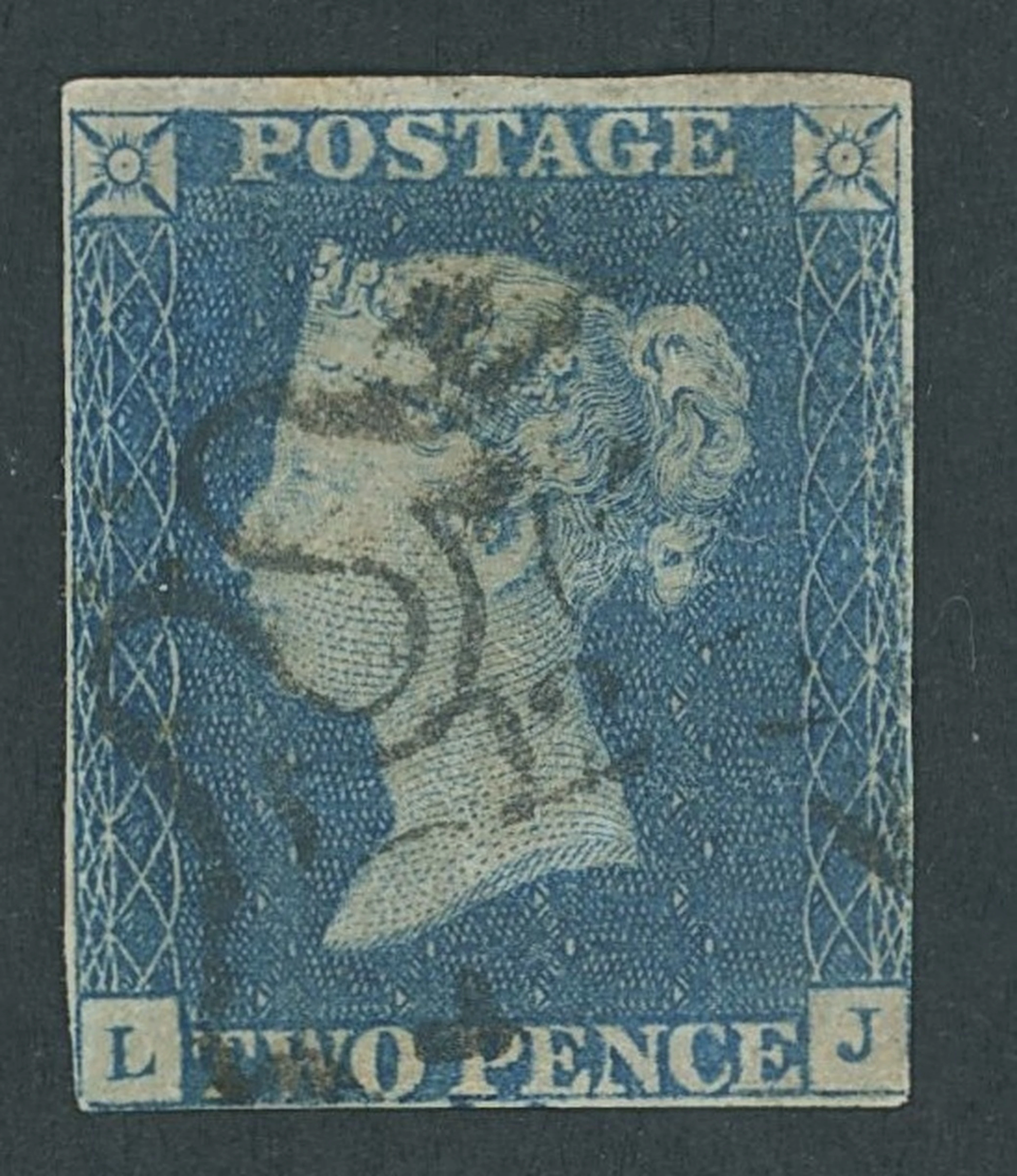 Great Britain 1840 Two Pence Blue Plate 2 LJ, very close margins all
