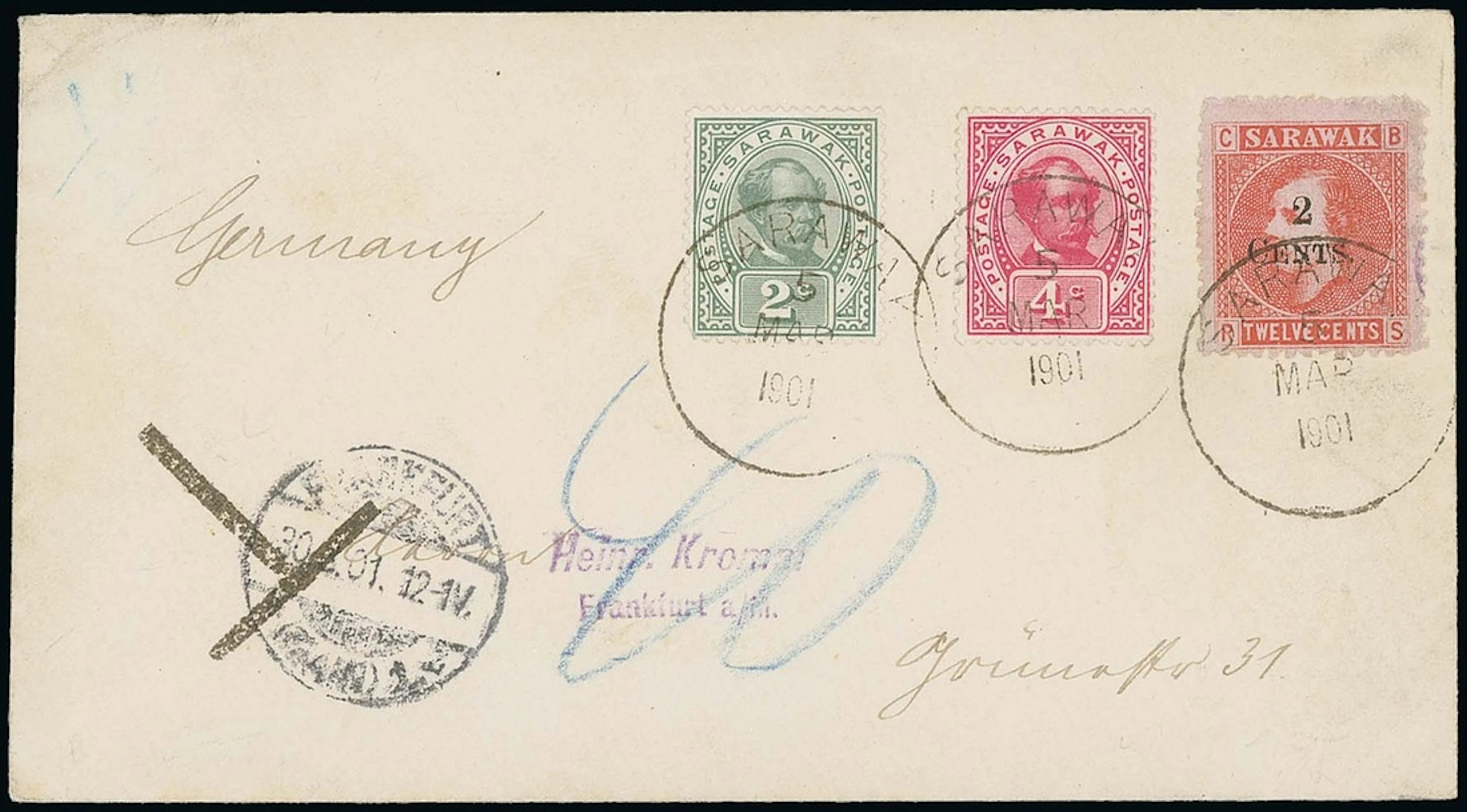 Sarawak 1899 Provisional Surcharges Covers 1901 (5 Mar.) envelope
