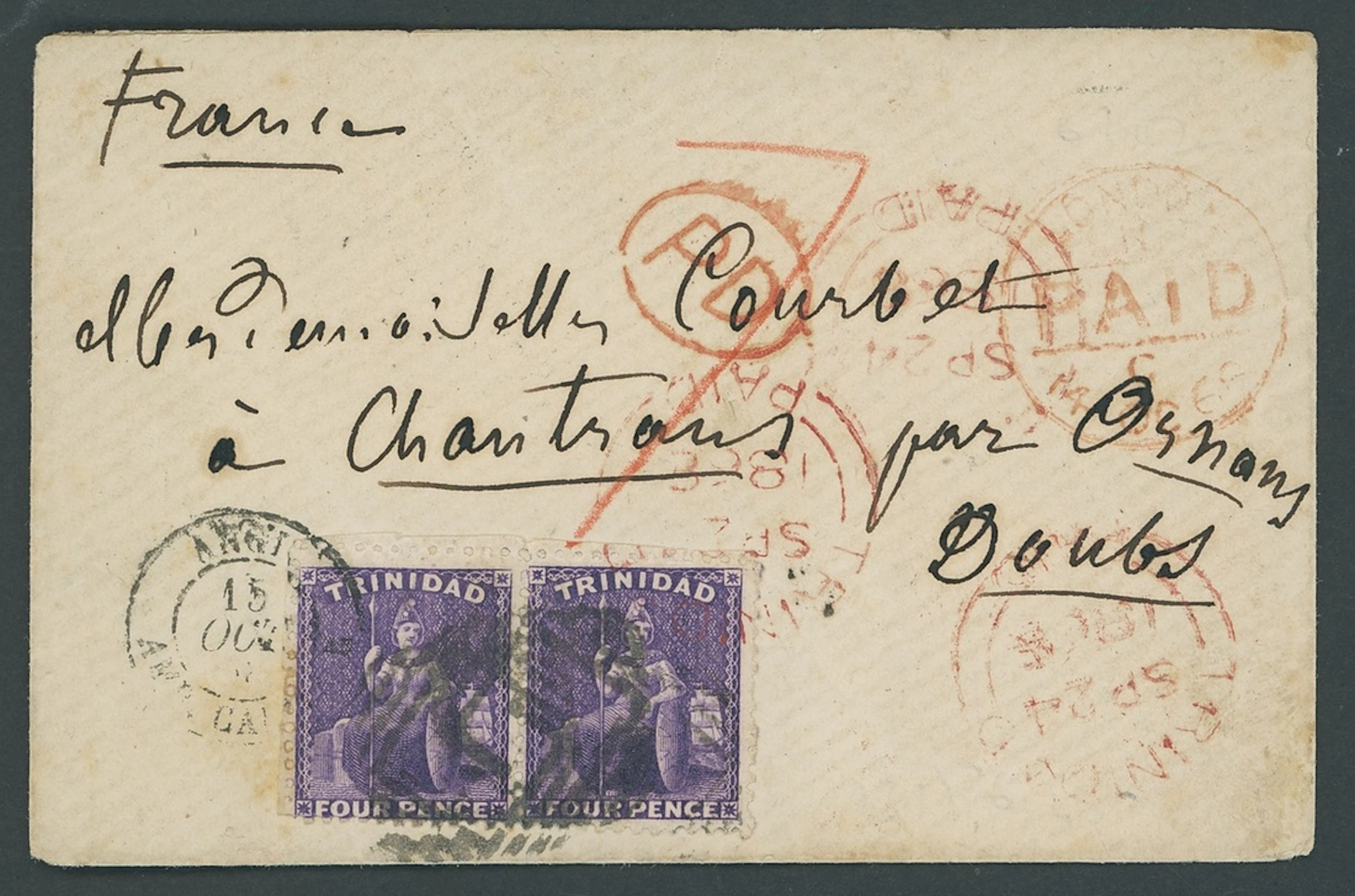 Trinidad Covers and Cancellations 1868 (24 Sept.) envelope to France