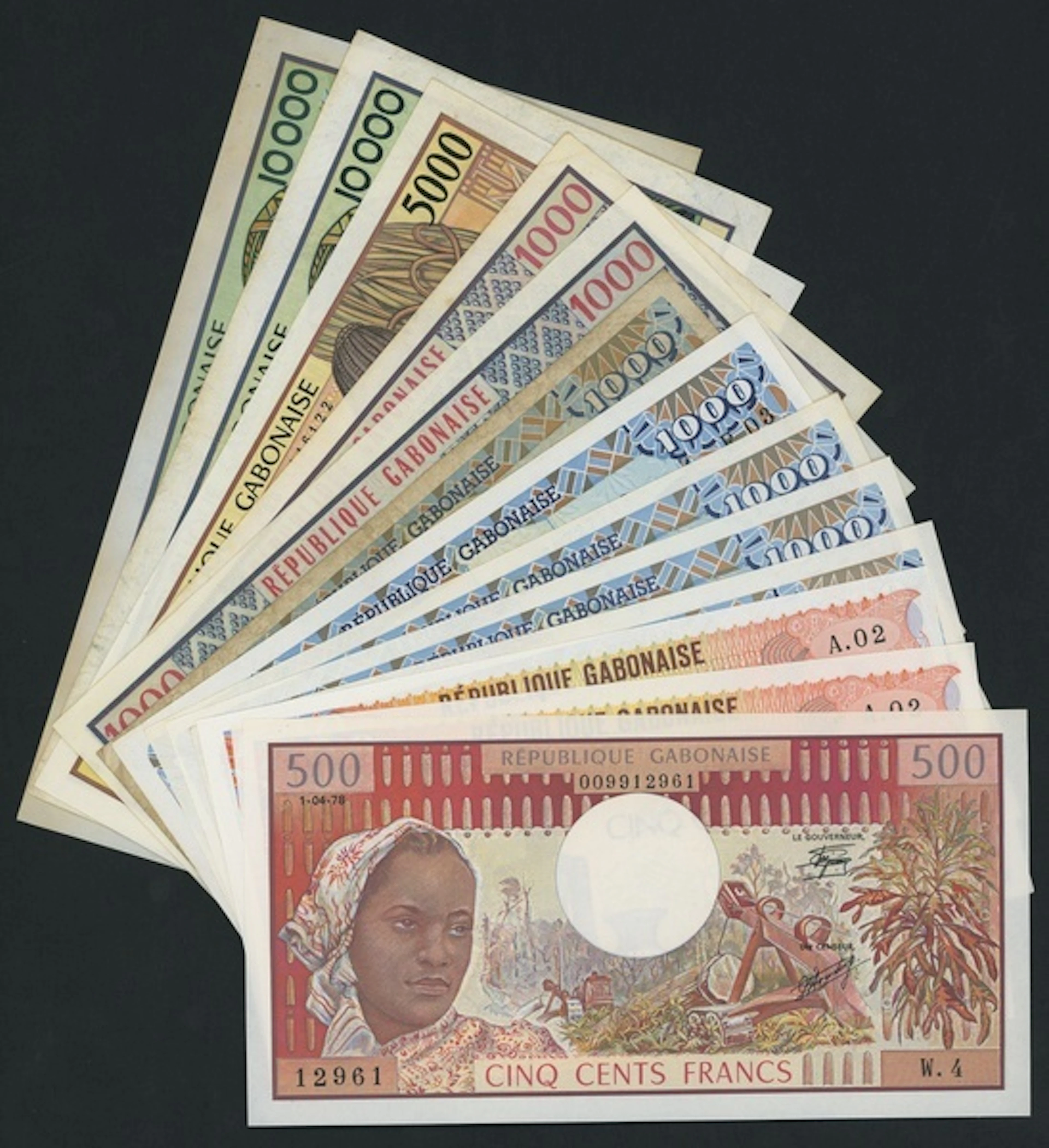 République Gabonaise, Gabon, [13 notes] 500, 1000, 5000 & 10,000 Francs