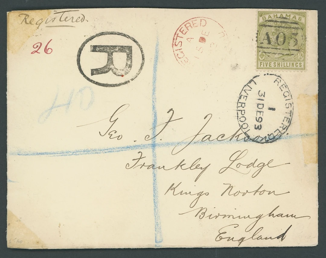 Bahamas 1893 (15 Dec.) envelope registered to Birmingham, bearing