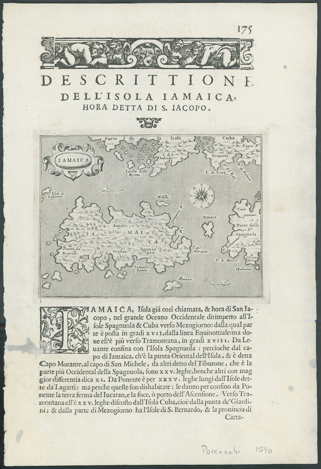 Jamaica Early Maps 1572 complete page 175 (198x287mm.) from "Descrittione