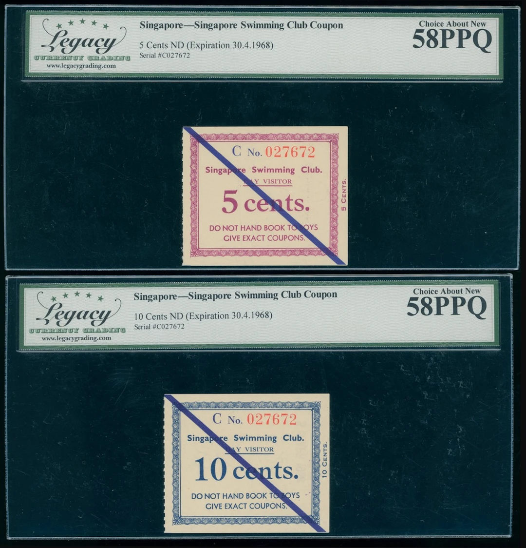 Singapore Swimming Club Coupon, a pair, 1968, including 5 and 10 cents