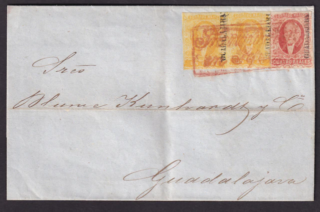 1856 "Hidalgos" Guadalajara. 1r. Yellow pair, tight margins, one cutting