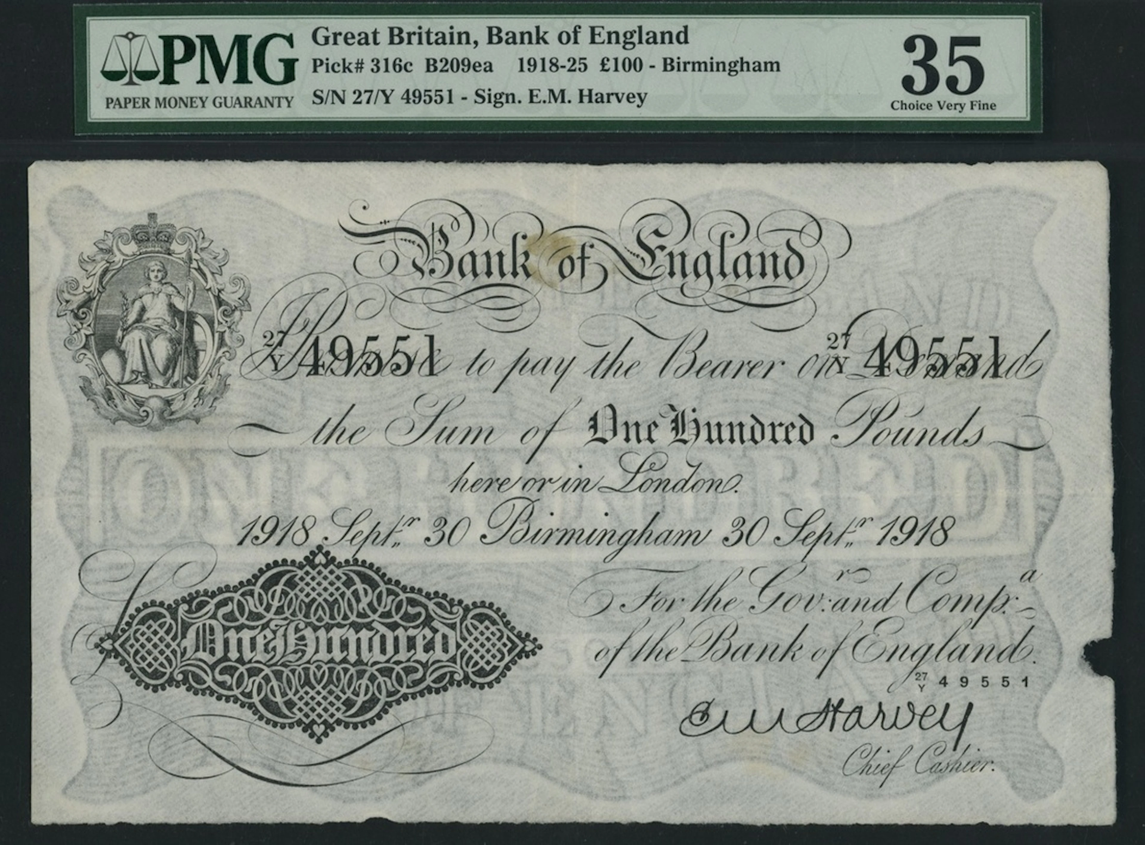 Bank of England, E. M. Harvey, £100, Birmingham, 30th September 1918