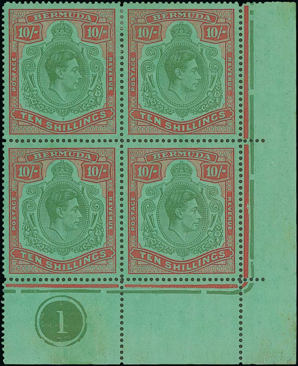 Bermuda 1938-53 High Value Keyplates Perf. 14¼ line 10/- yellow green