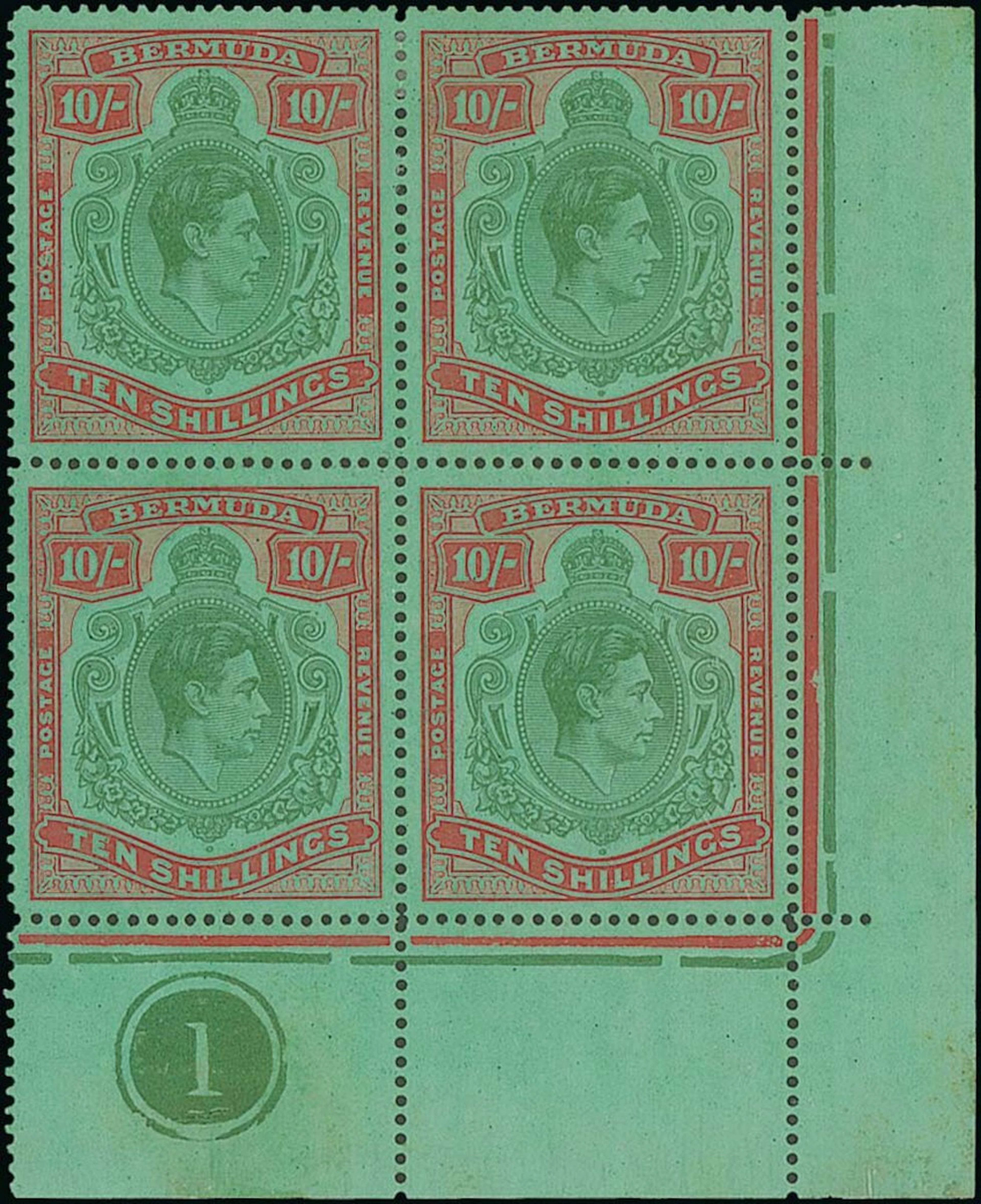 Bermuda 1938-53 High Value Keyplates Perf. 14¼ line 10/- yellow green