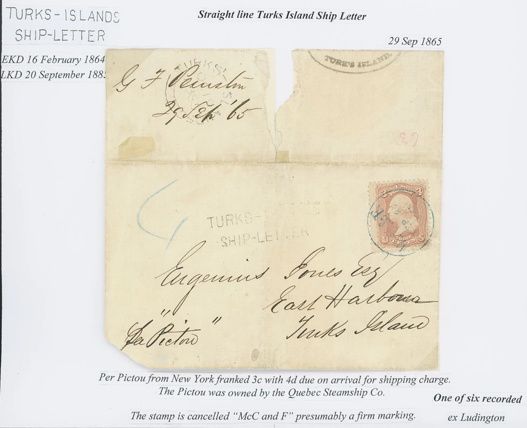 Turks Islands 1865 (29 Sept.) large part entire from New York to East